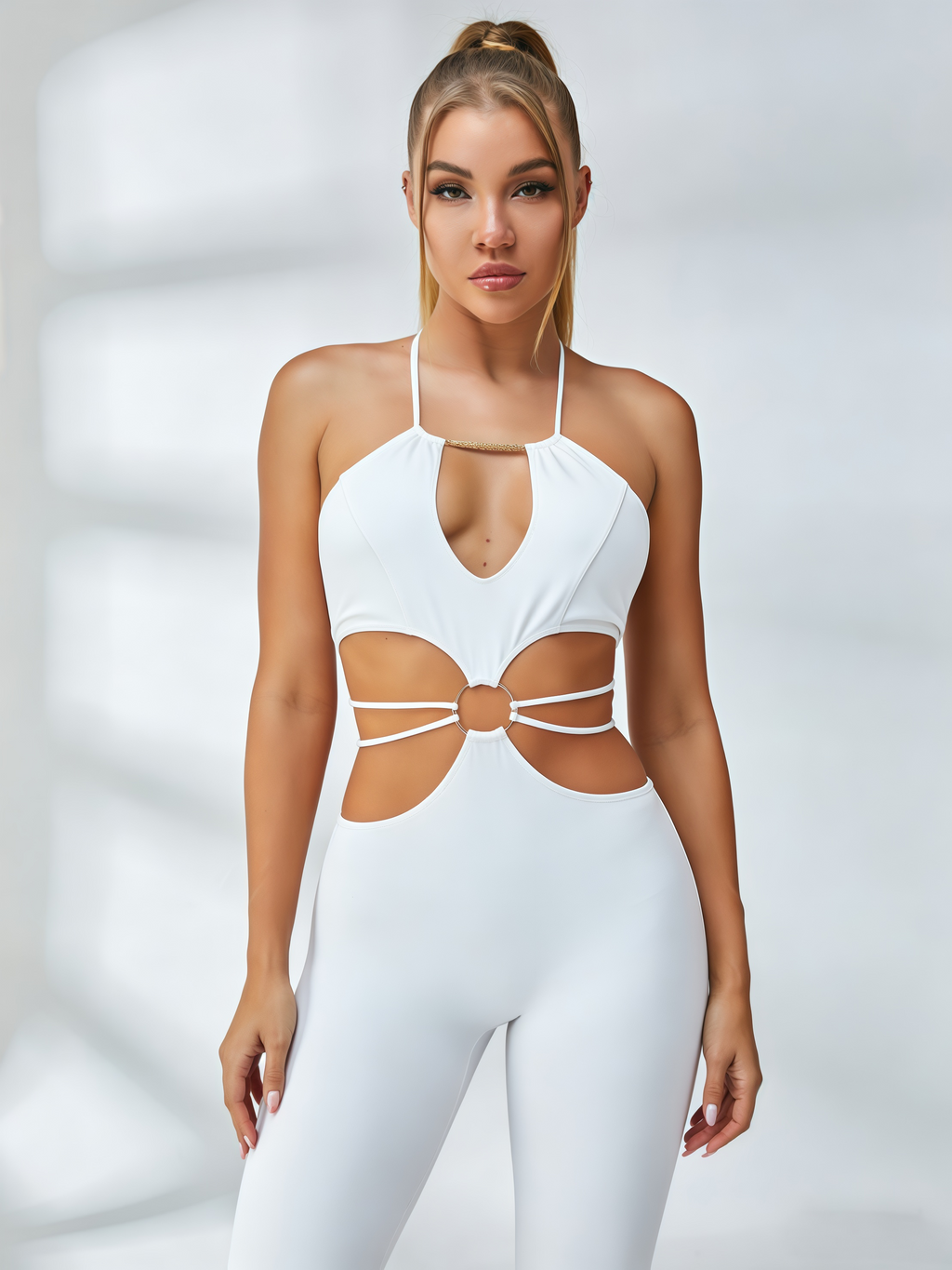 White Hollow-Out Backless Jumpsuit for Women — Quick-Dry - gallery