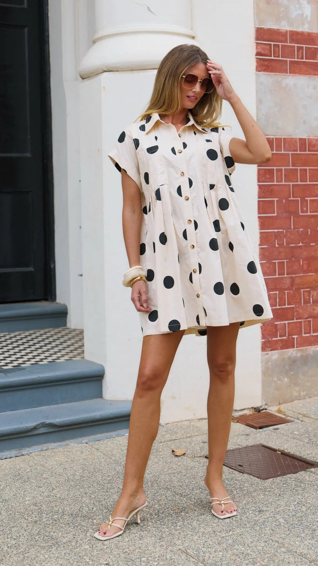 Beige Polka Dot Mini Dress for Women — Collared Button Front - gallery