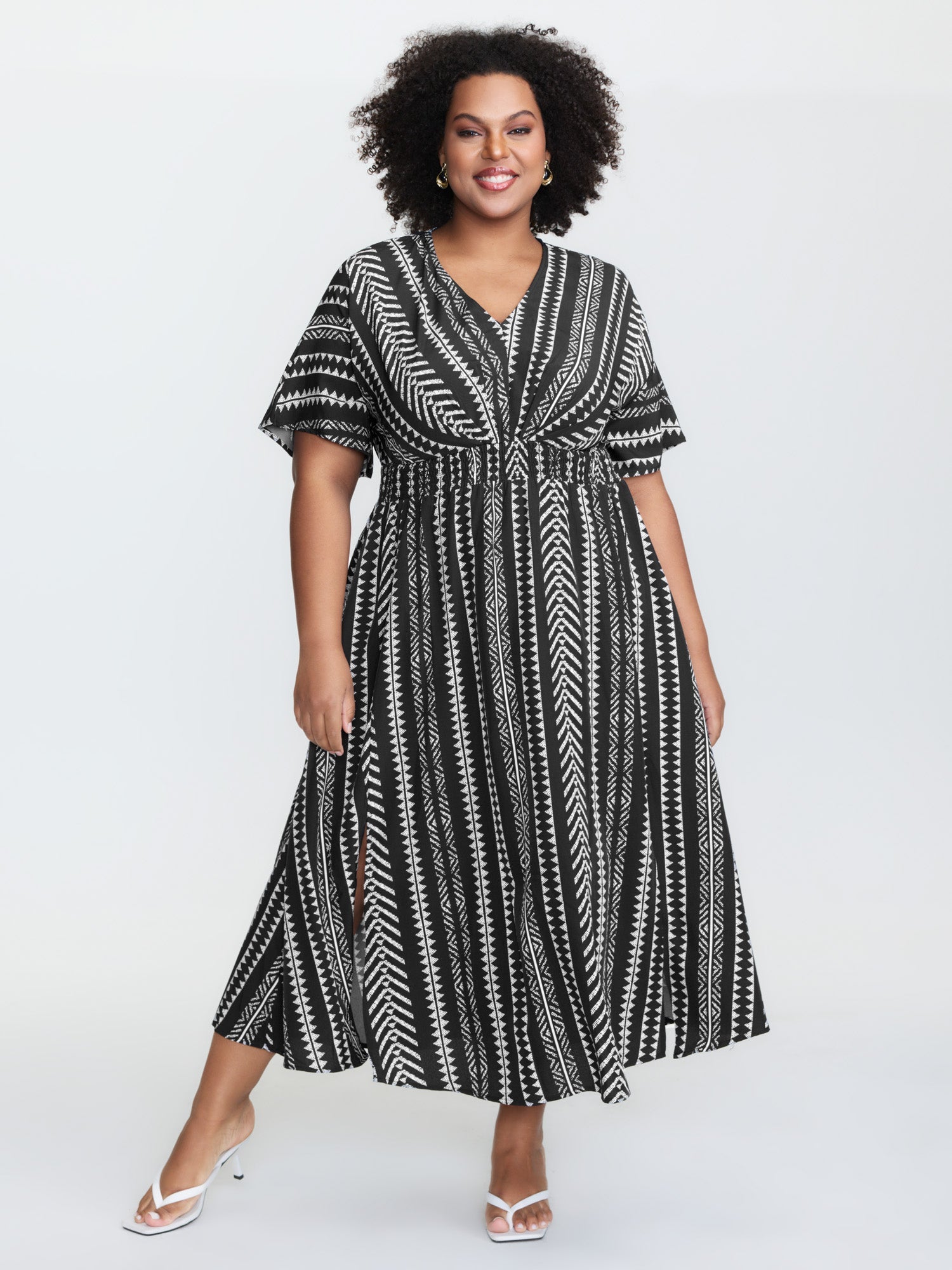 Solid Geometric Dolman Sleeve Pocket Shirred Split Hem Dress for Women - gallery