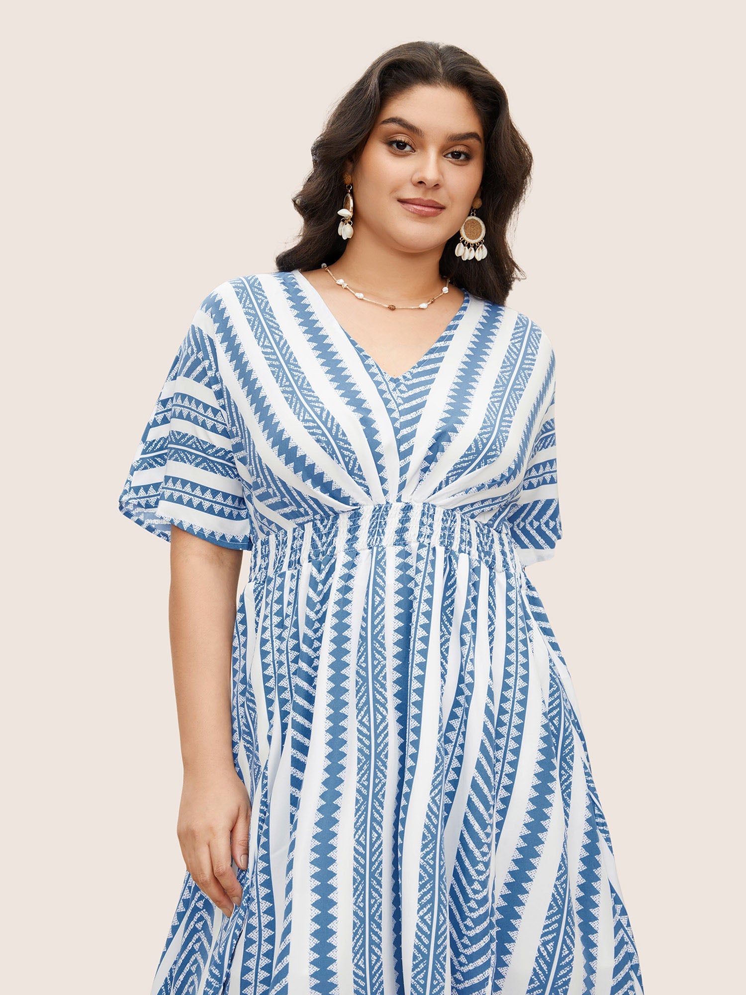 Solid Geometric Dolman Sleeve Pocket Shirred Split Hem Dress for Women - gallery