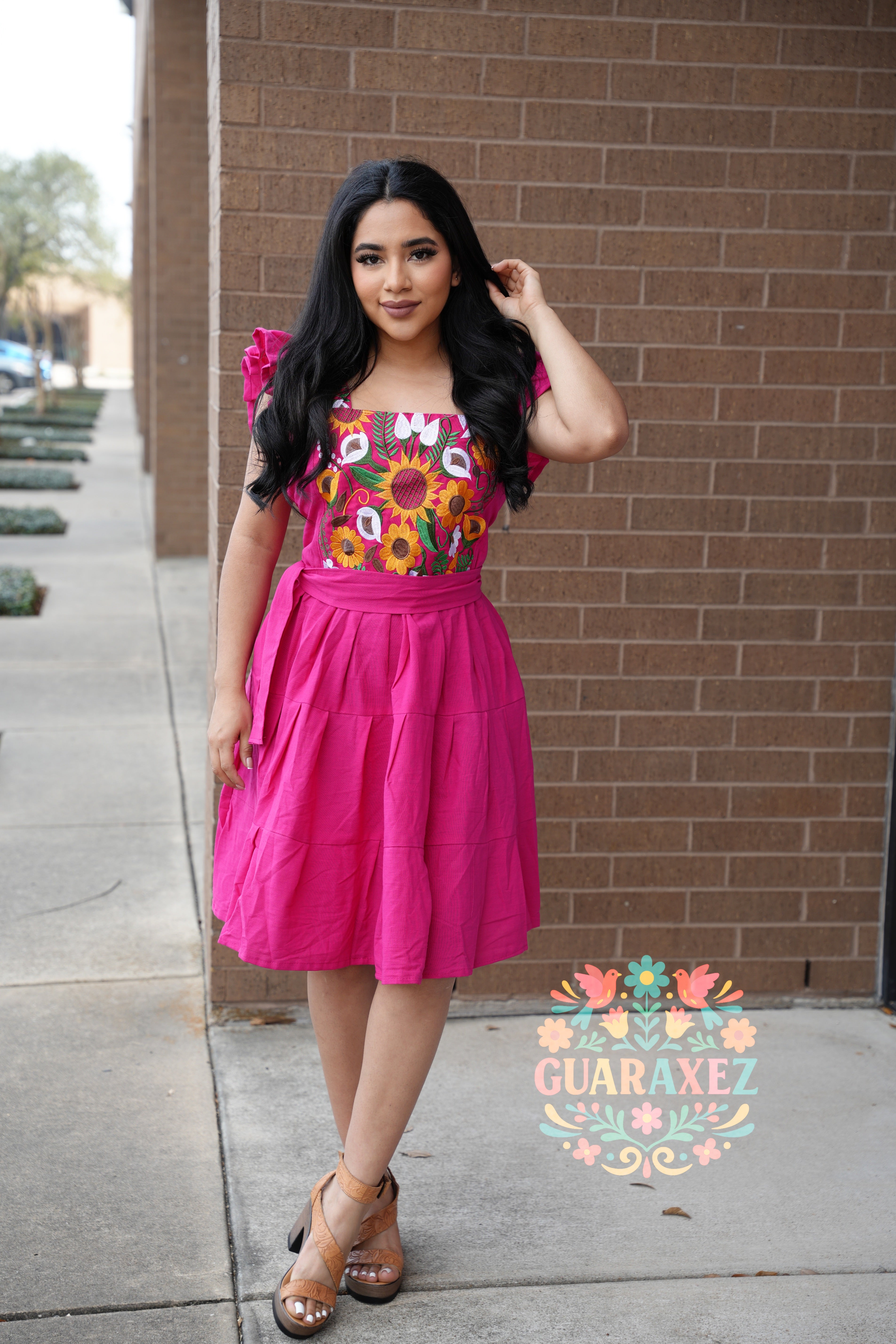 Hand-Embroidered Sunflower Cotton Dress for Women