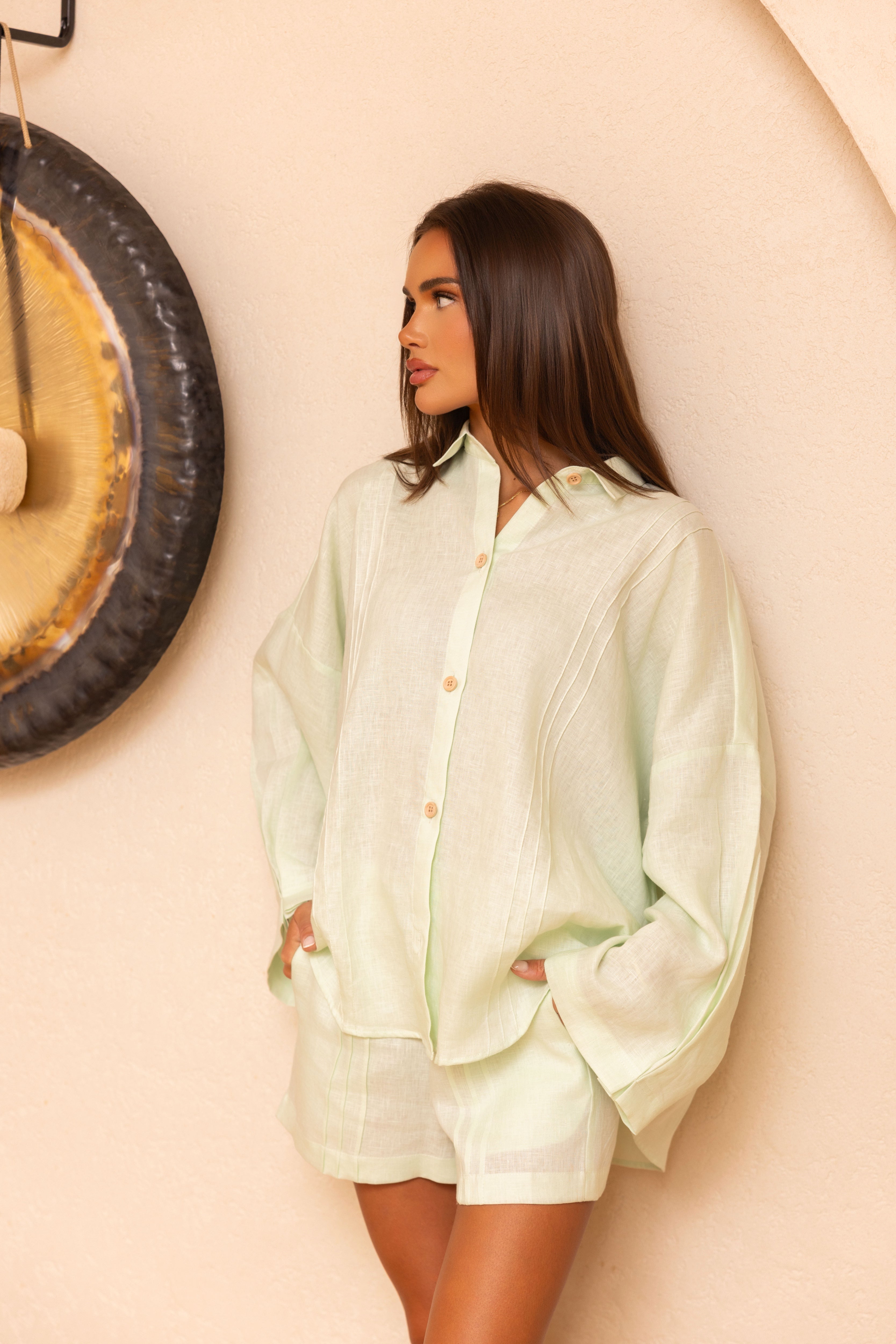 Morning Haze Shirt-Beige Top for Women - Mint Green