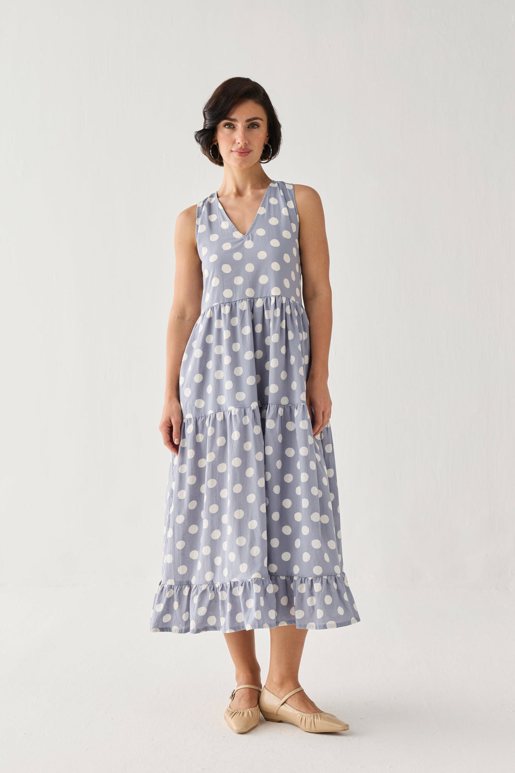 Tiered Midi Dress in Blue Polka for Women - gallery