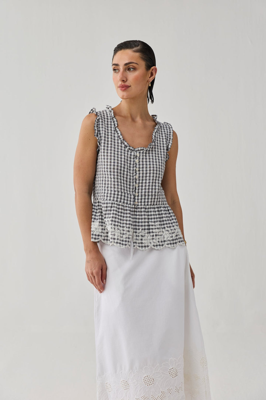Embroidered Peplum Top in Grey Check for Women - gallery