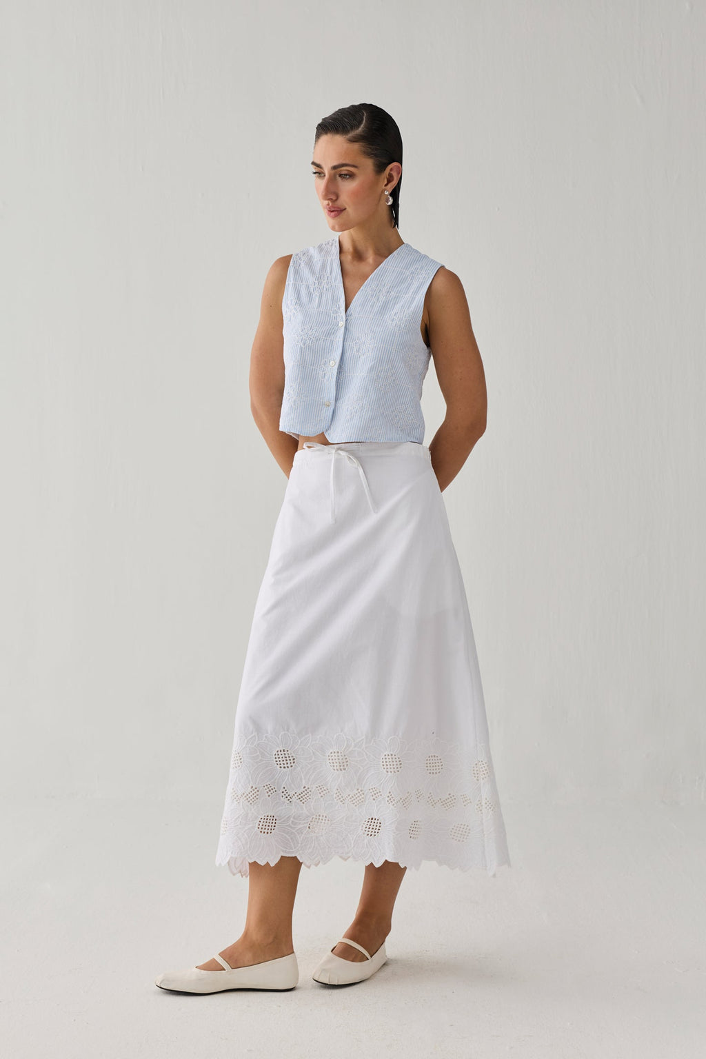 Embroidered Sleeveless Vest Top in Blue Stripe Waistcoat for Women - gallery