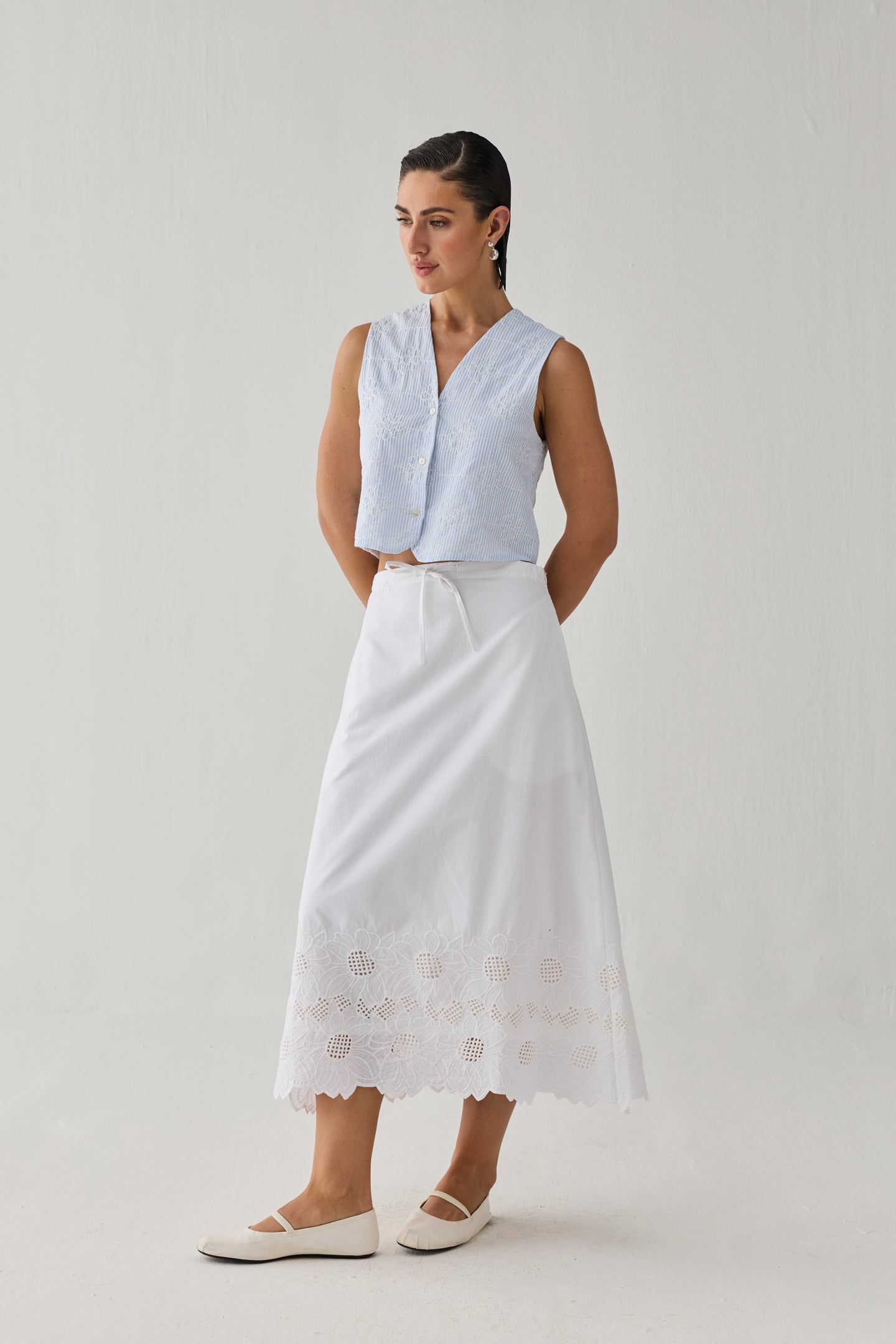 Embroidered Sleeveless Vest Top in Blue Stripe Waistcoat for Women - gallery