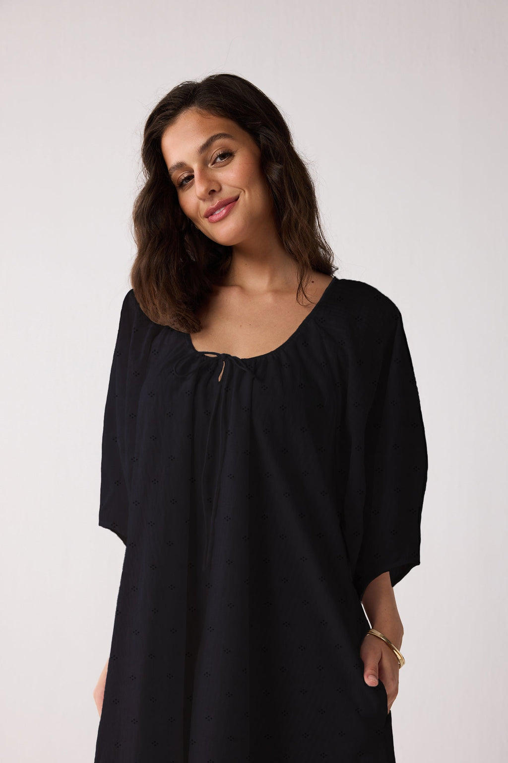 Puff Sleeved Dress with Drawstring Neckline in Black for Women - gallery