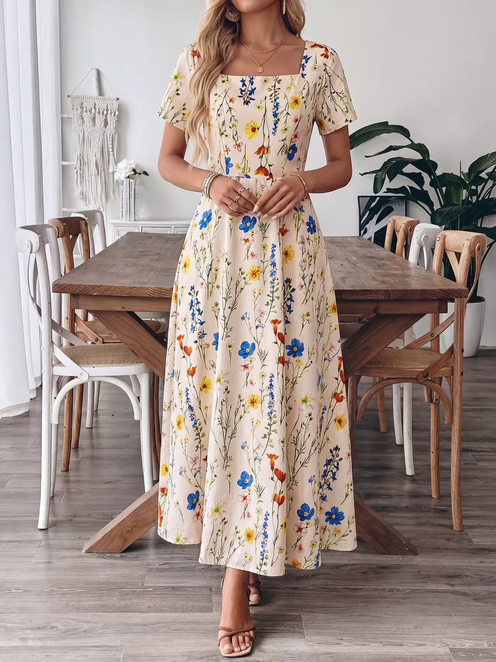 Floral Square Neck Casual Maxi Dress for Women — Front Zip - gallery