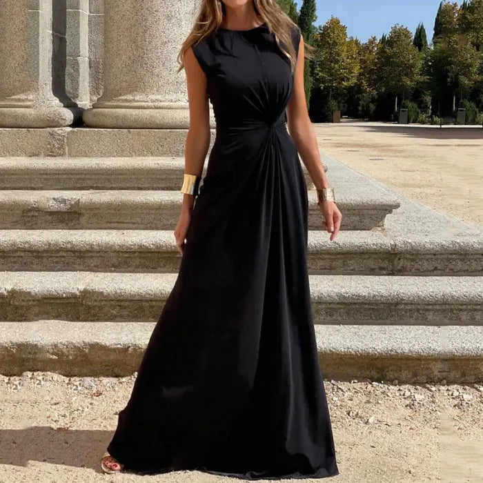 Chic Women's Long Sleeve V-Neck Maxi Dress - Solid Color Evening Wear