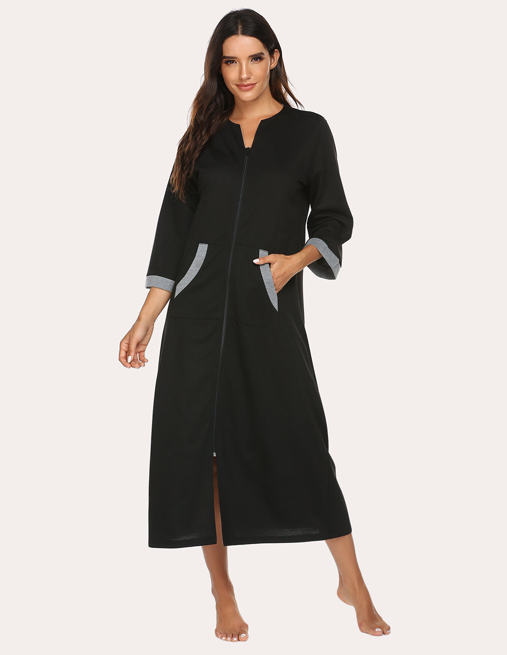 Long Zip-Front Robe with Three-Quarter Sleeves