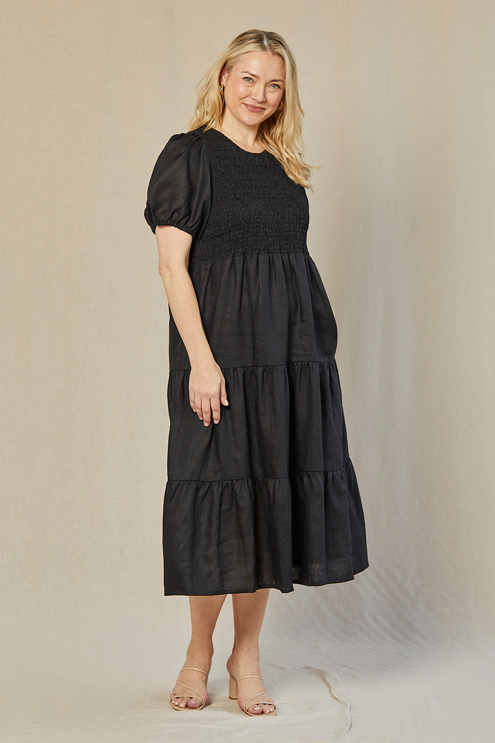 Minden Linen Shirred Short Sleeve Dress in Black — gallery