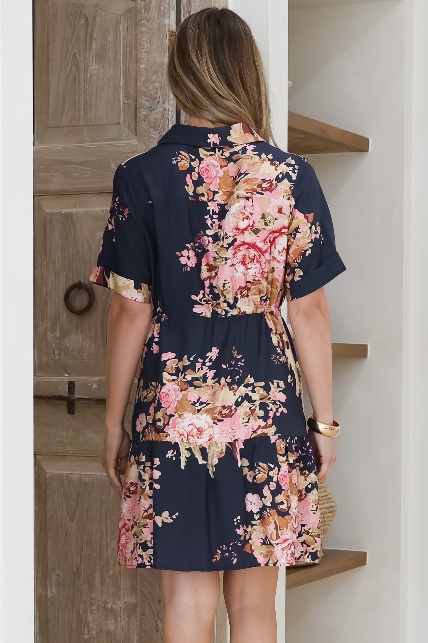 Apryl Mini Dress - Collared Short Sleeve Dress with Pull Tie Waist in Ve... — gallery