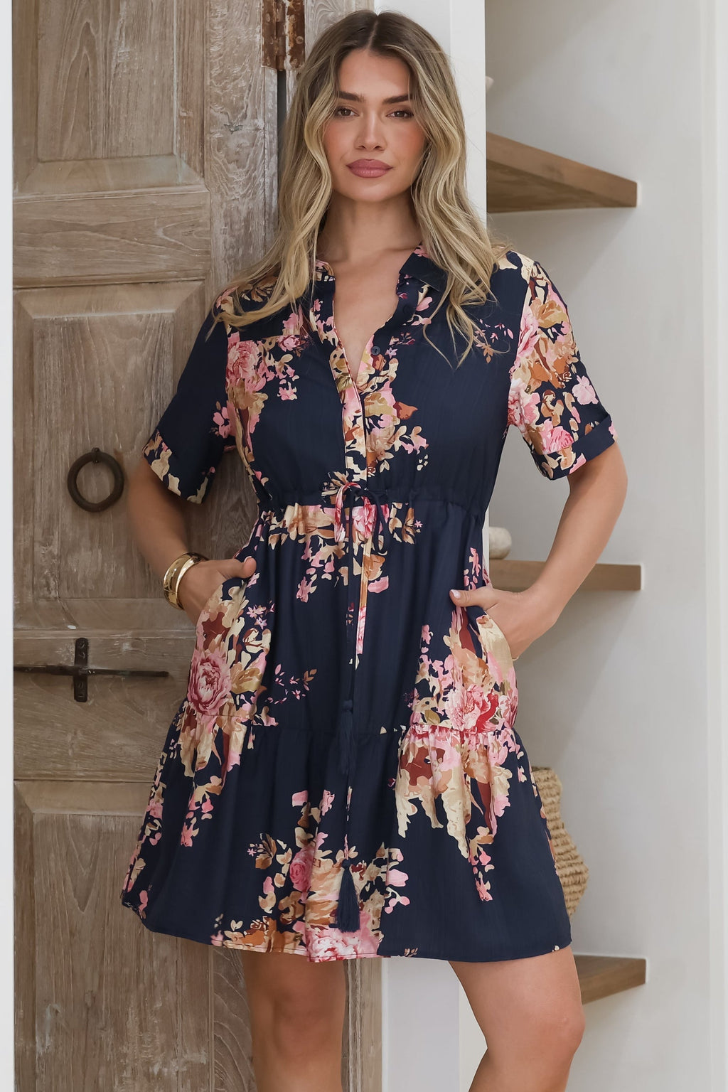 Apryl Mini Dress - Collared Short Sleeve Dress with Pull Tie Waist in Ve... — gallery