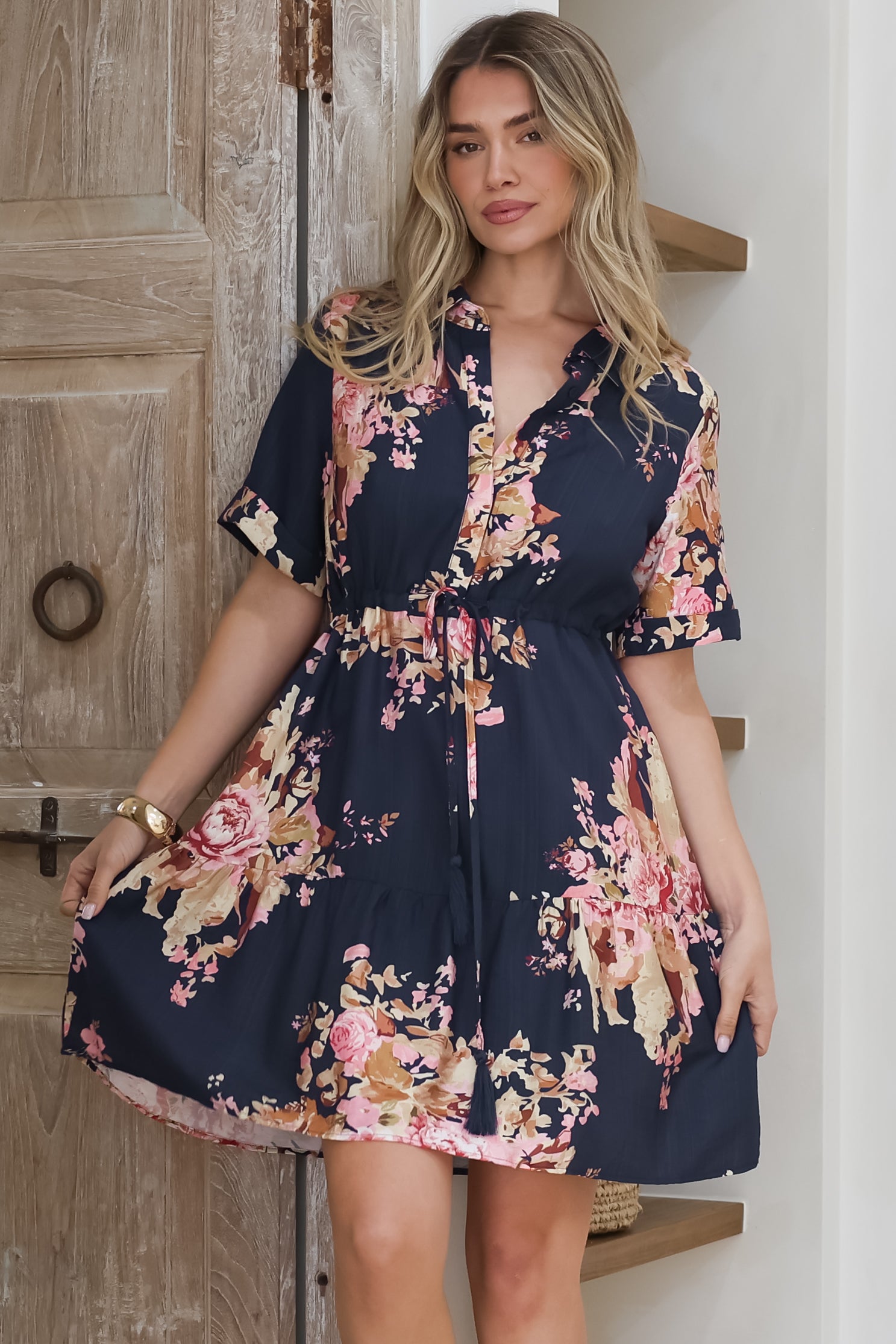 Apryl Mini Dress - Collared Short Sleeve Dress with Pull Tie Waist in Ve... — gallery