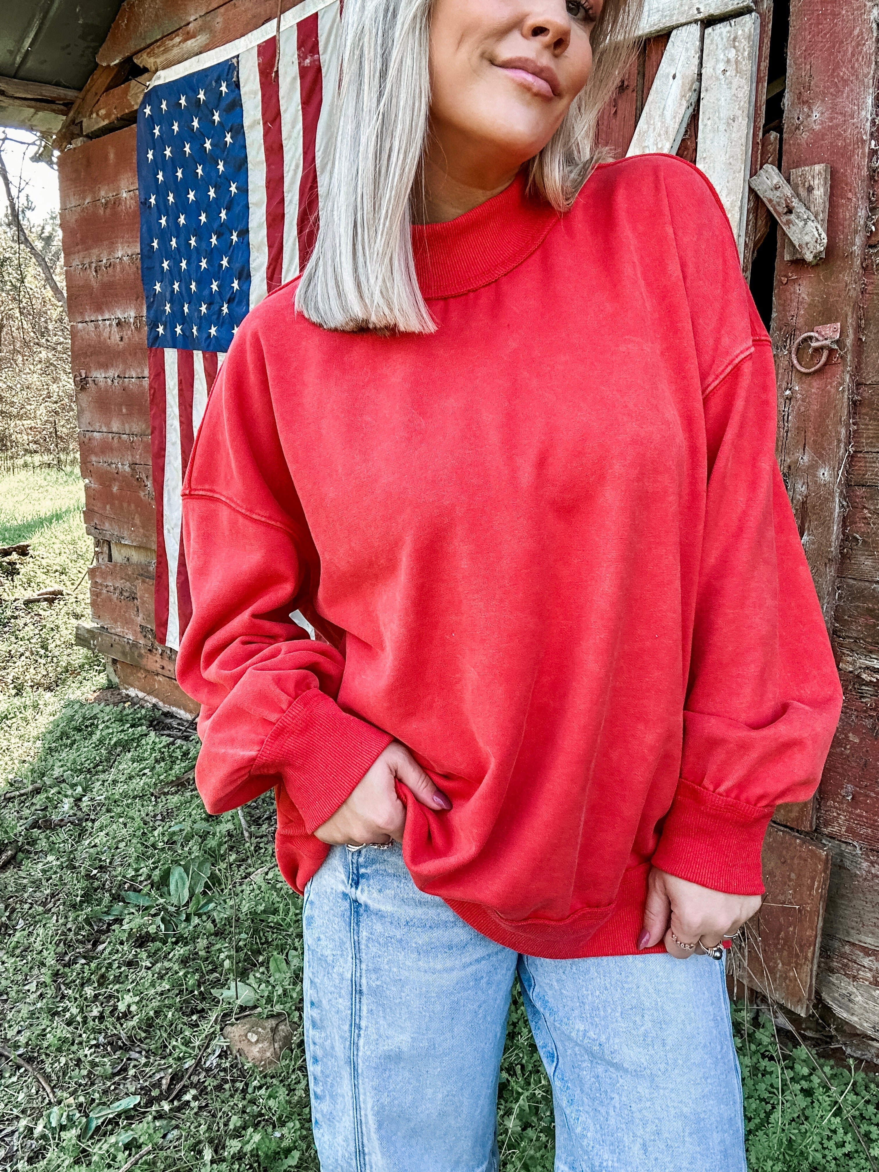 Washed Oversized Mock Neck Sweater for Women — Vintage Wash Feel - gallery