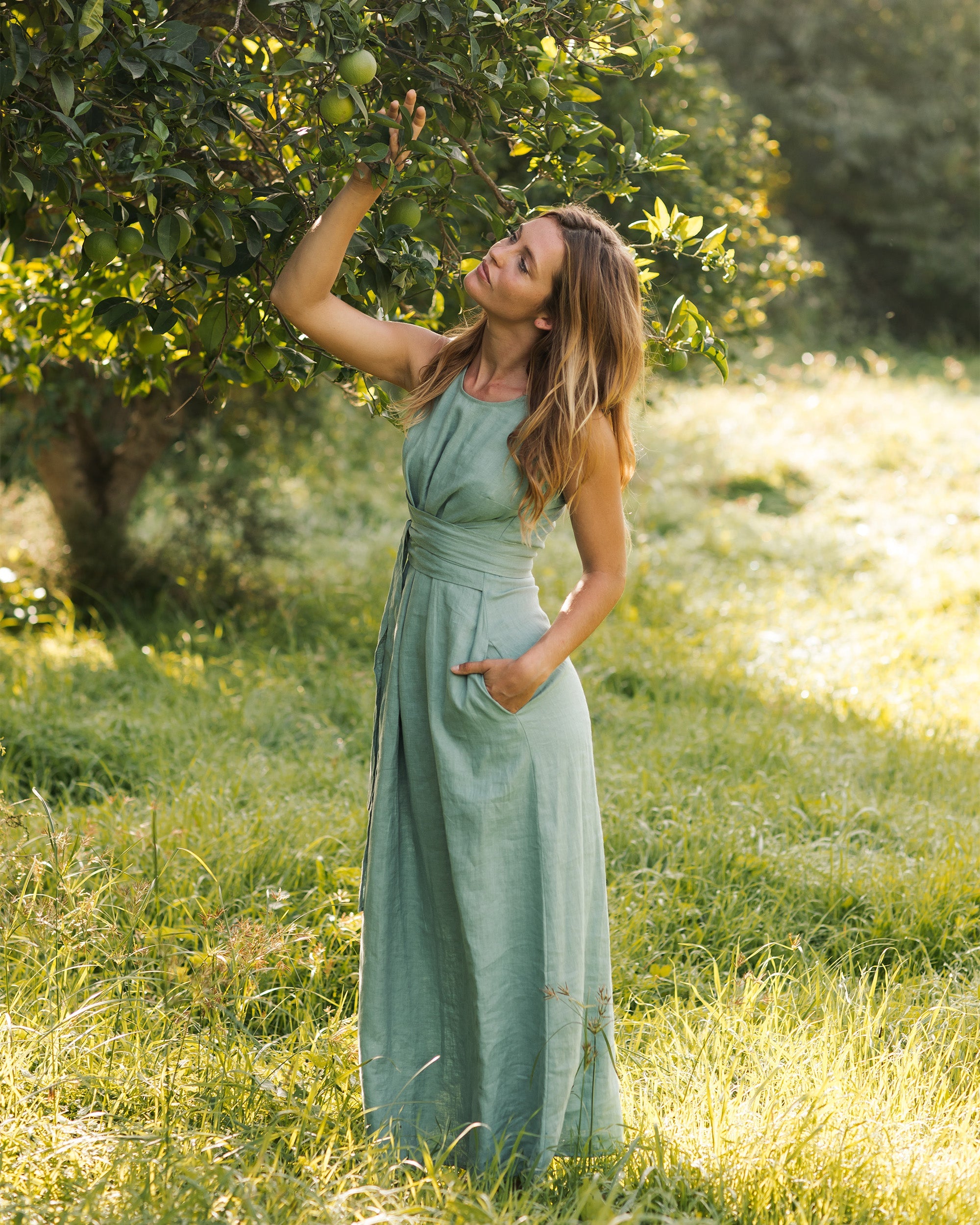 Long Linen Dress Boracay in Teal Blue - gallery