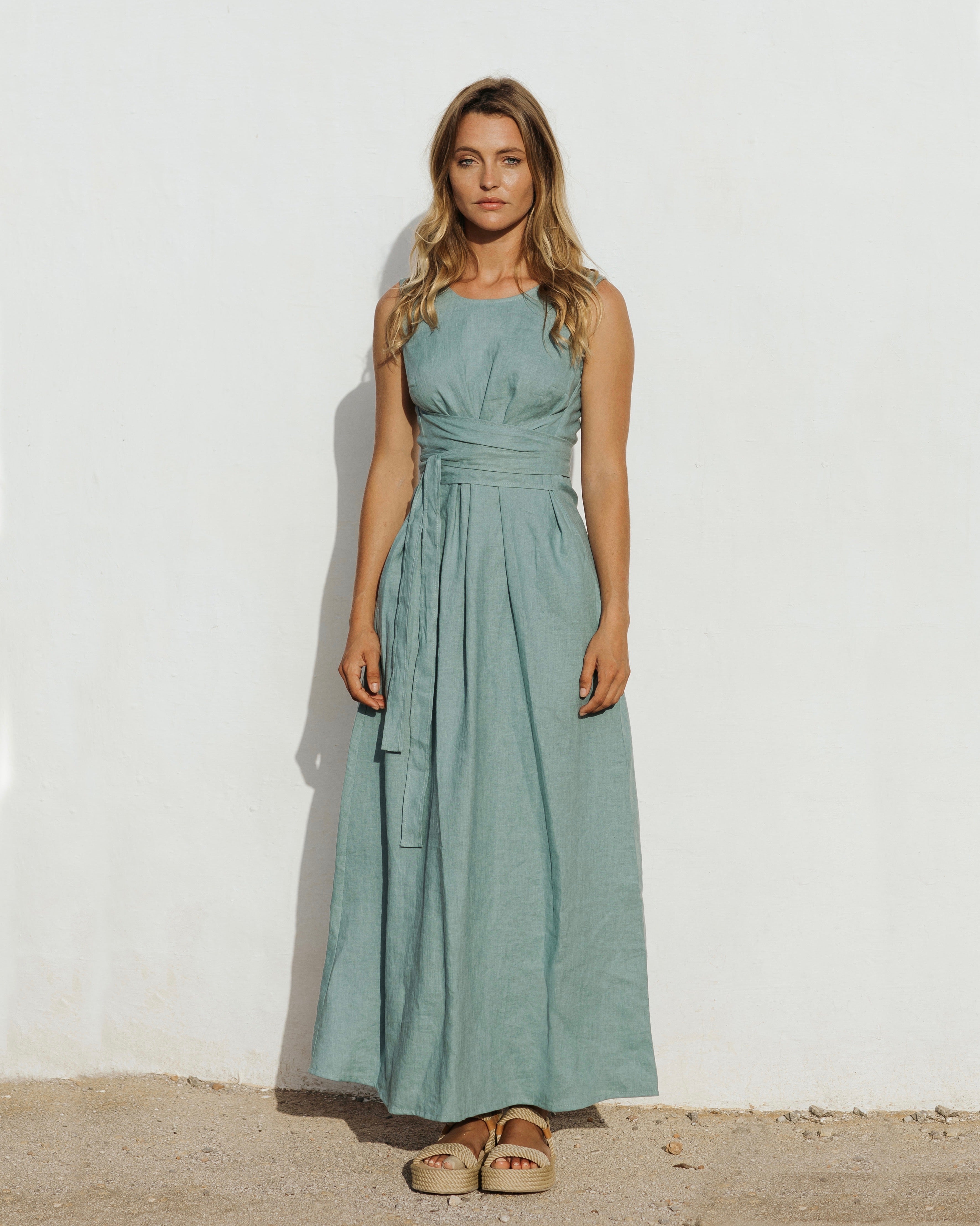 Long Linen Dress Boracay in Teal Blue - gallery