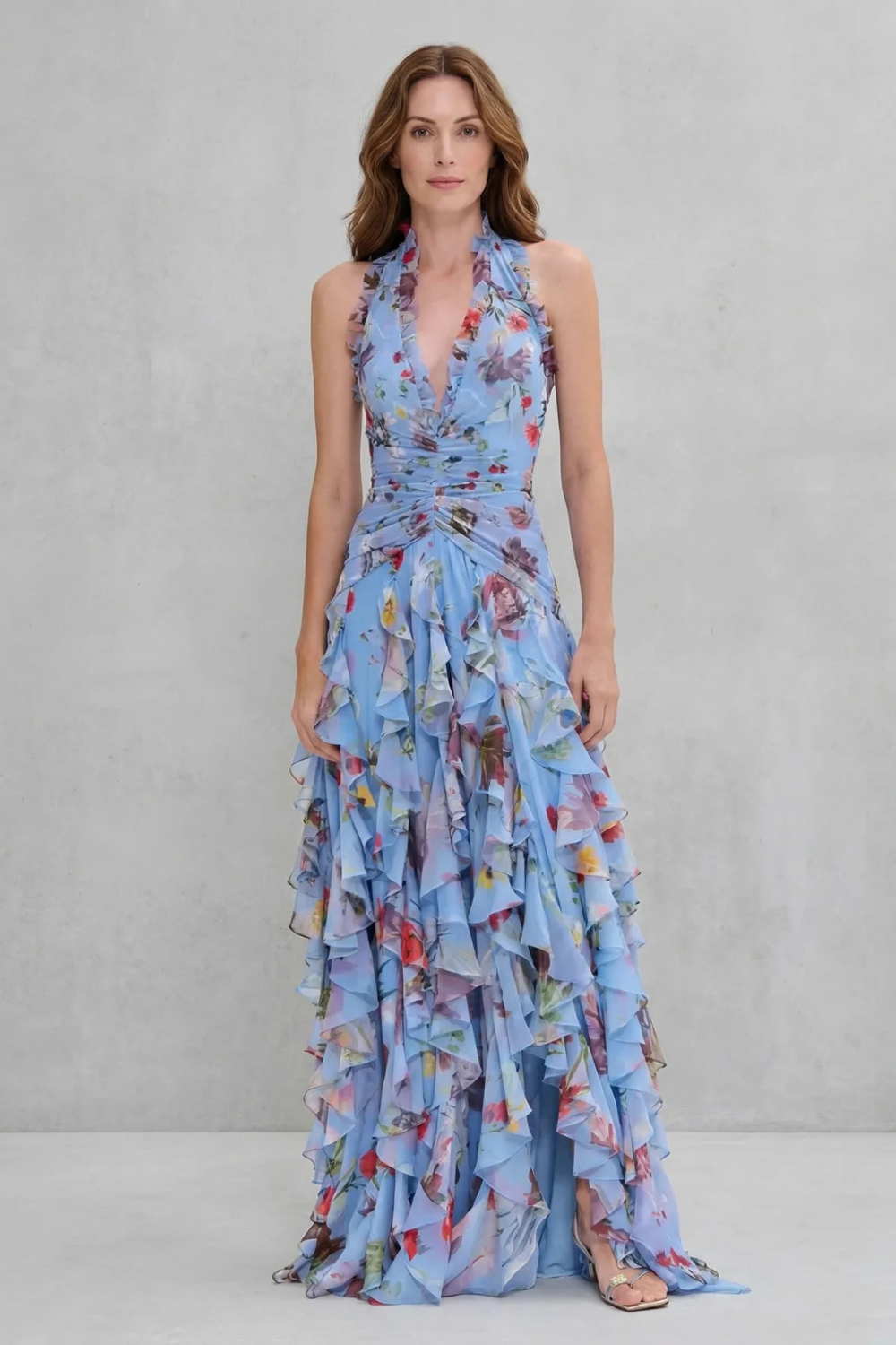 Belladina Romantic Rose Cascade Halter Maxi Dress for Women - gallery