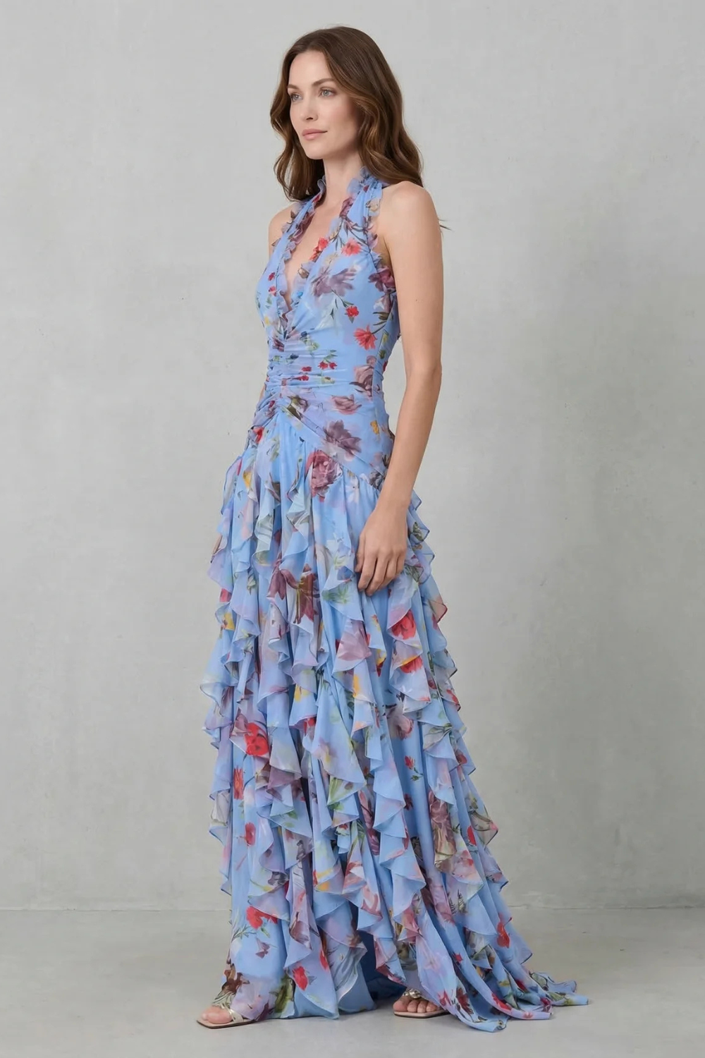 Belladina Romantic Rose Cascade Halter Maxi Dress for Women - gallery