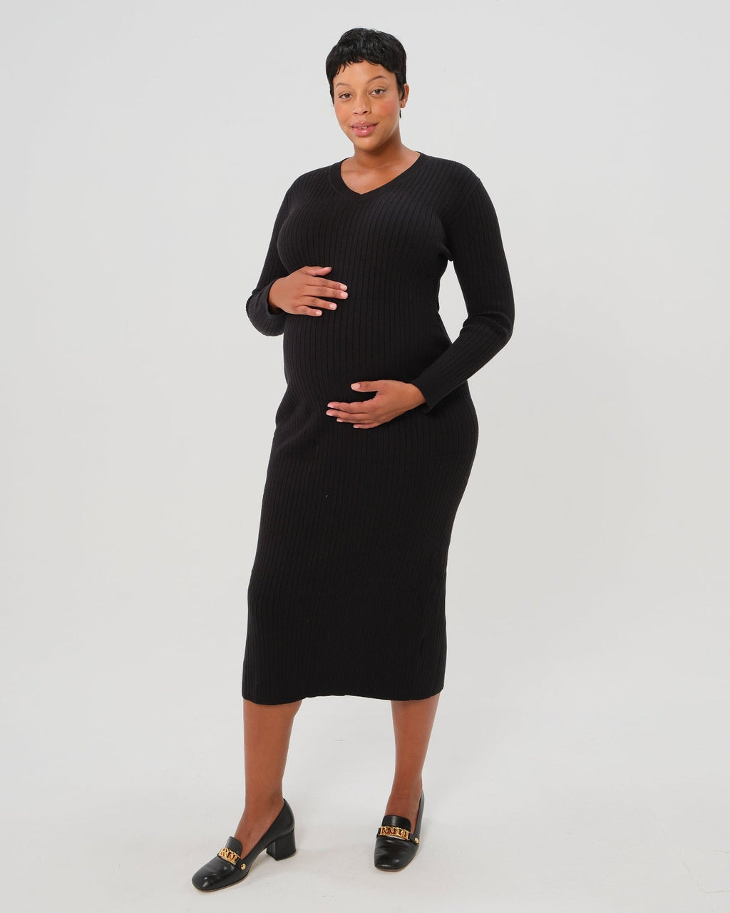 Full Body Ribbed Maternity & Nursing Midi Sweater Dress — gallery