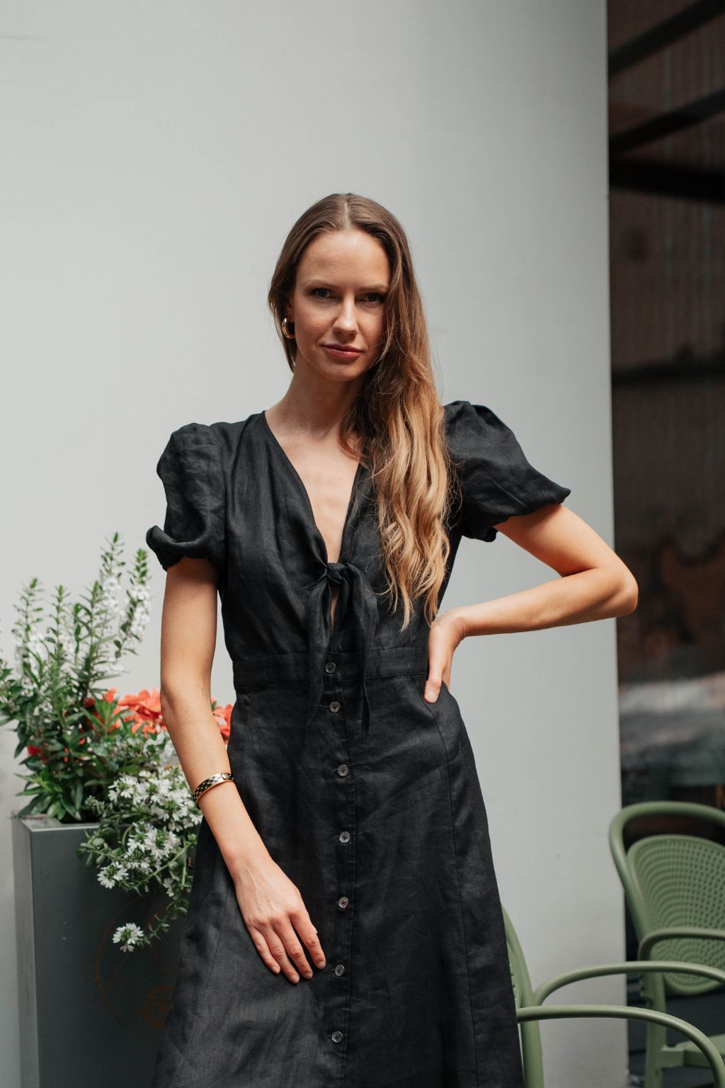 Black Linen Dress for Women — Puff Sleeves and Front Tie Knot - gallery
