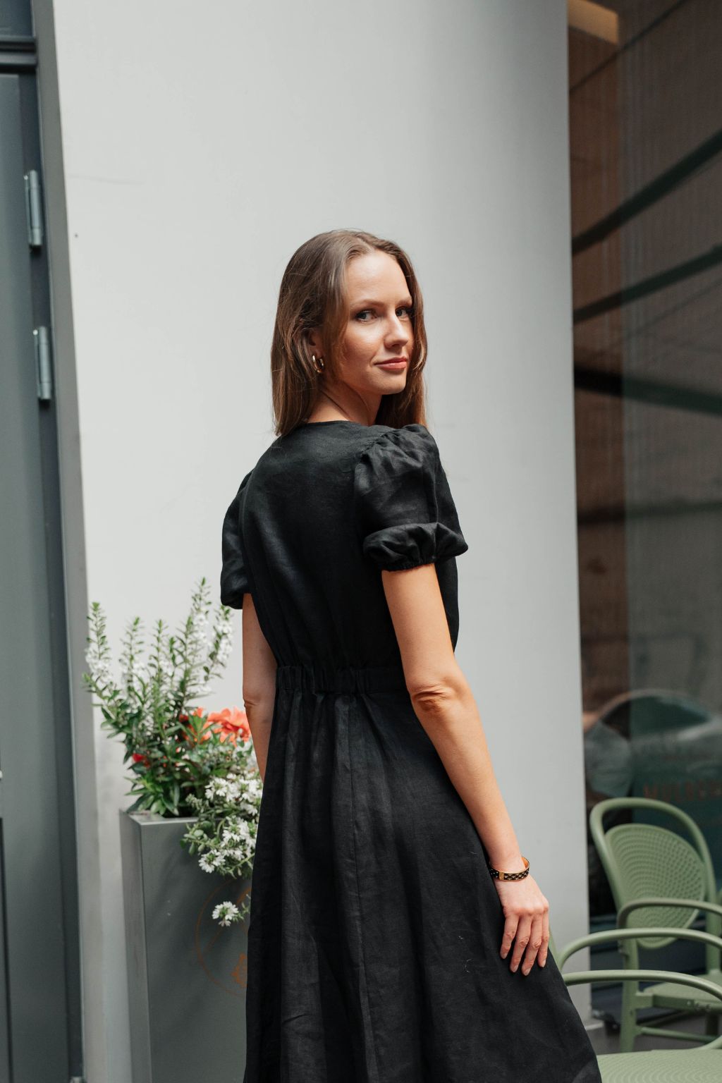 Black Linen Dress for Women — Puff Sleeves and Front Tie Knot - gallery
