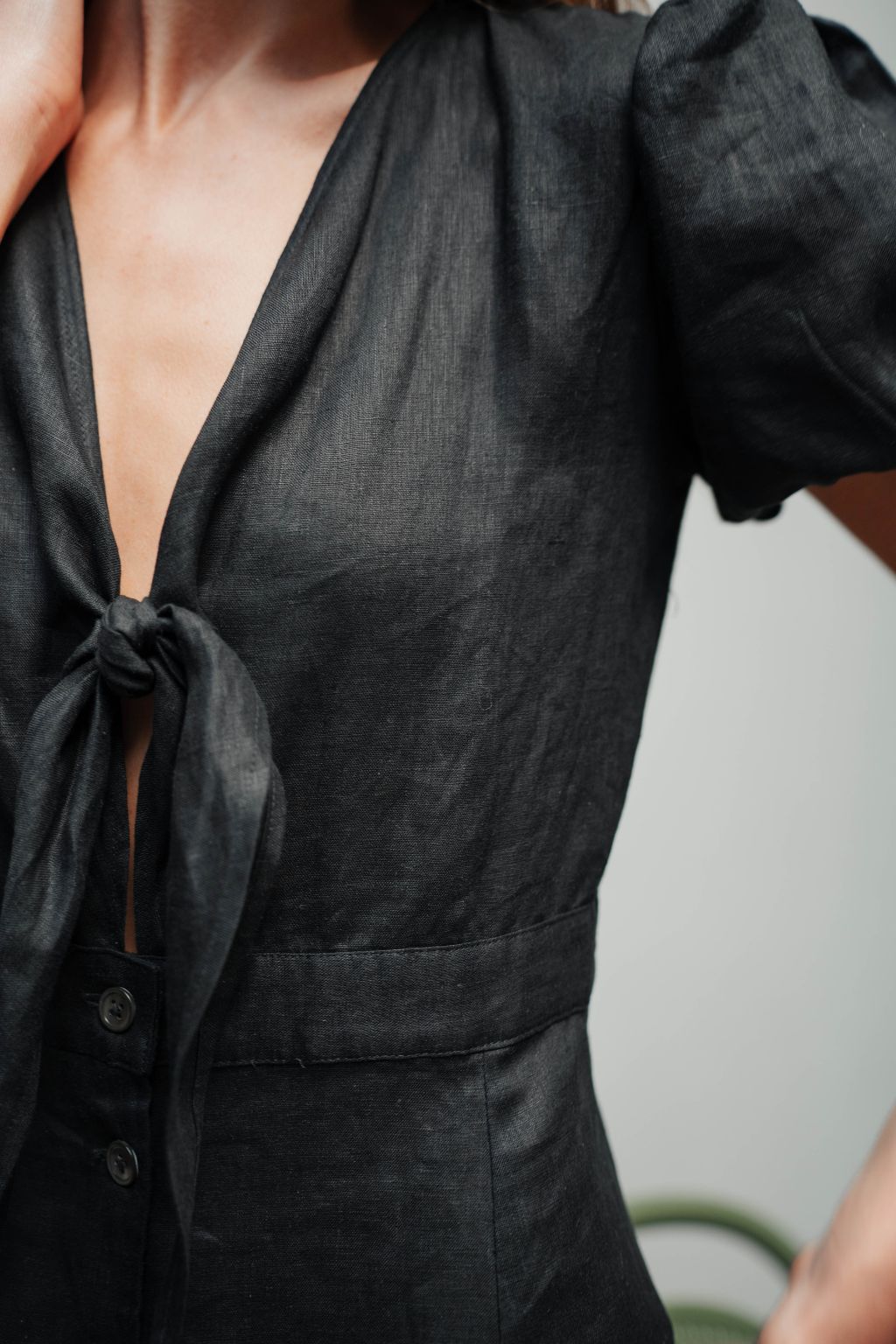 Black Linen Dress for Women — Puff Sleeves and Front Tie Knot - gallery