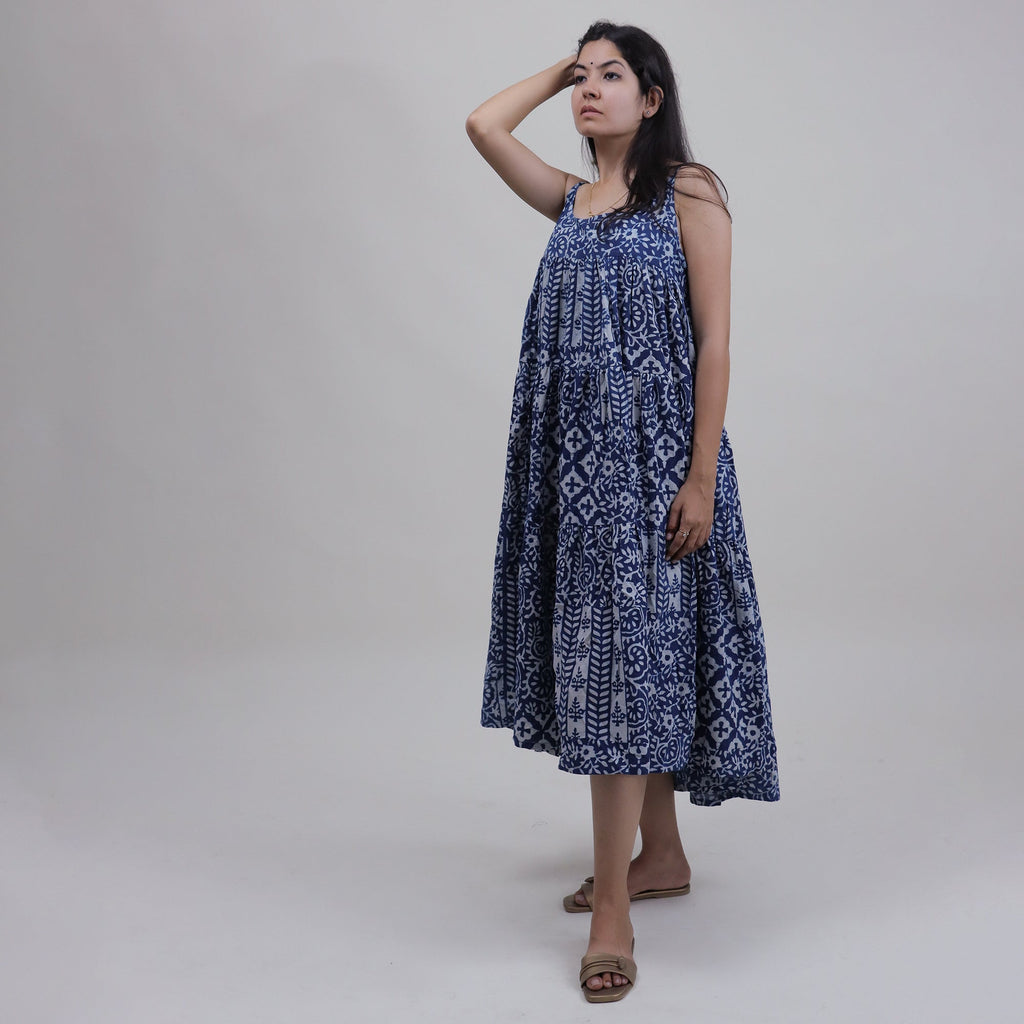 Hand Block-Print Cotton Summer Midi Dress for Women
