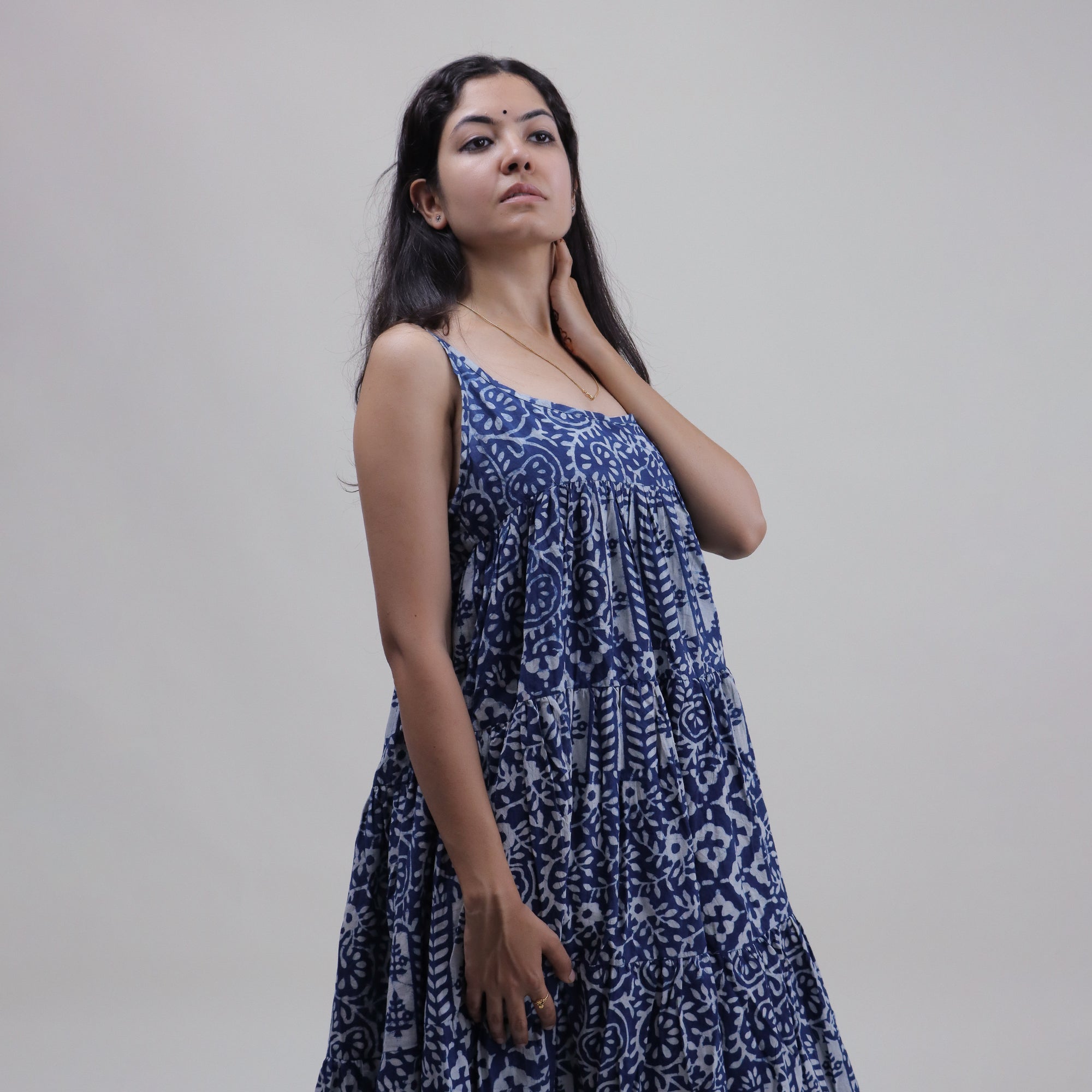 Hand Block-Print Cotton Summer Midi Dress for Women - gallery