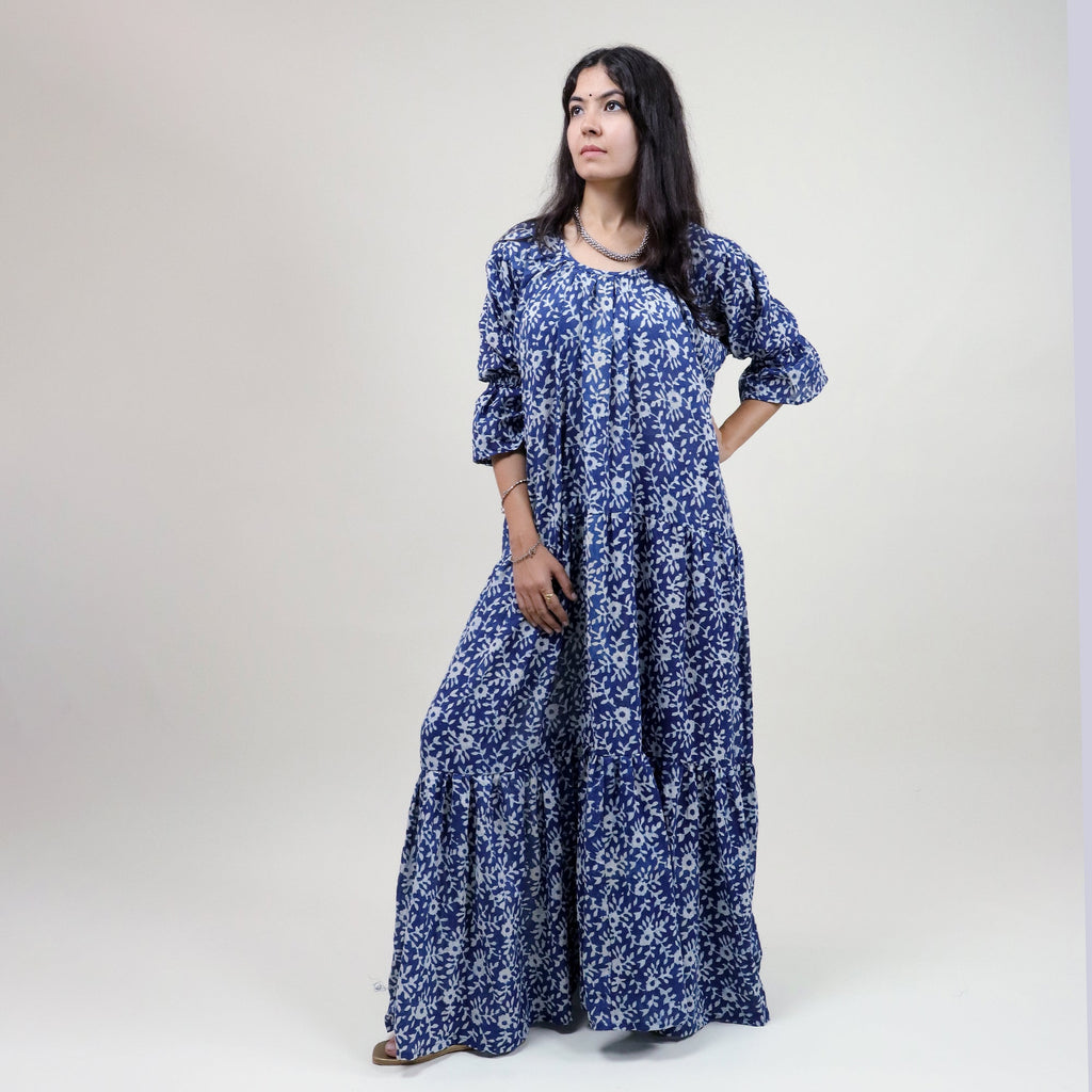 Indian Block Print Floral Casual Midi Dress for Women