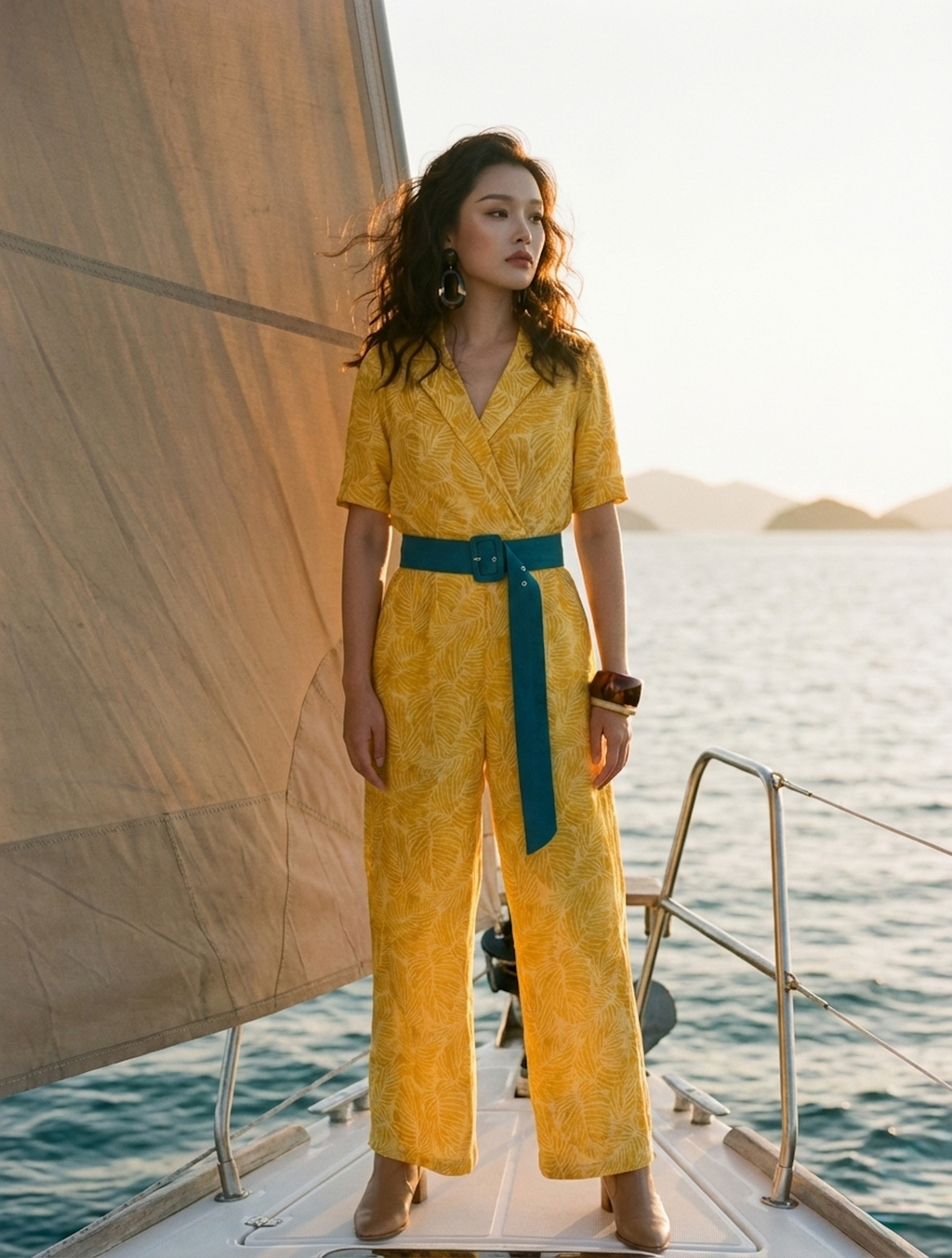 Floral Linen Jumpsuit for Women — Golden Yellow Print - gallery