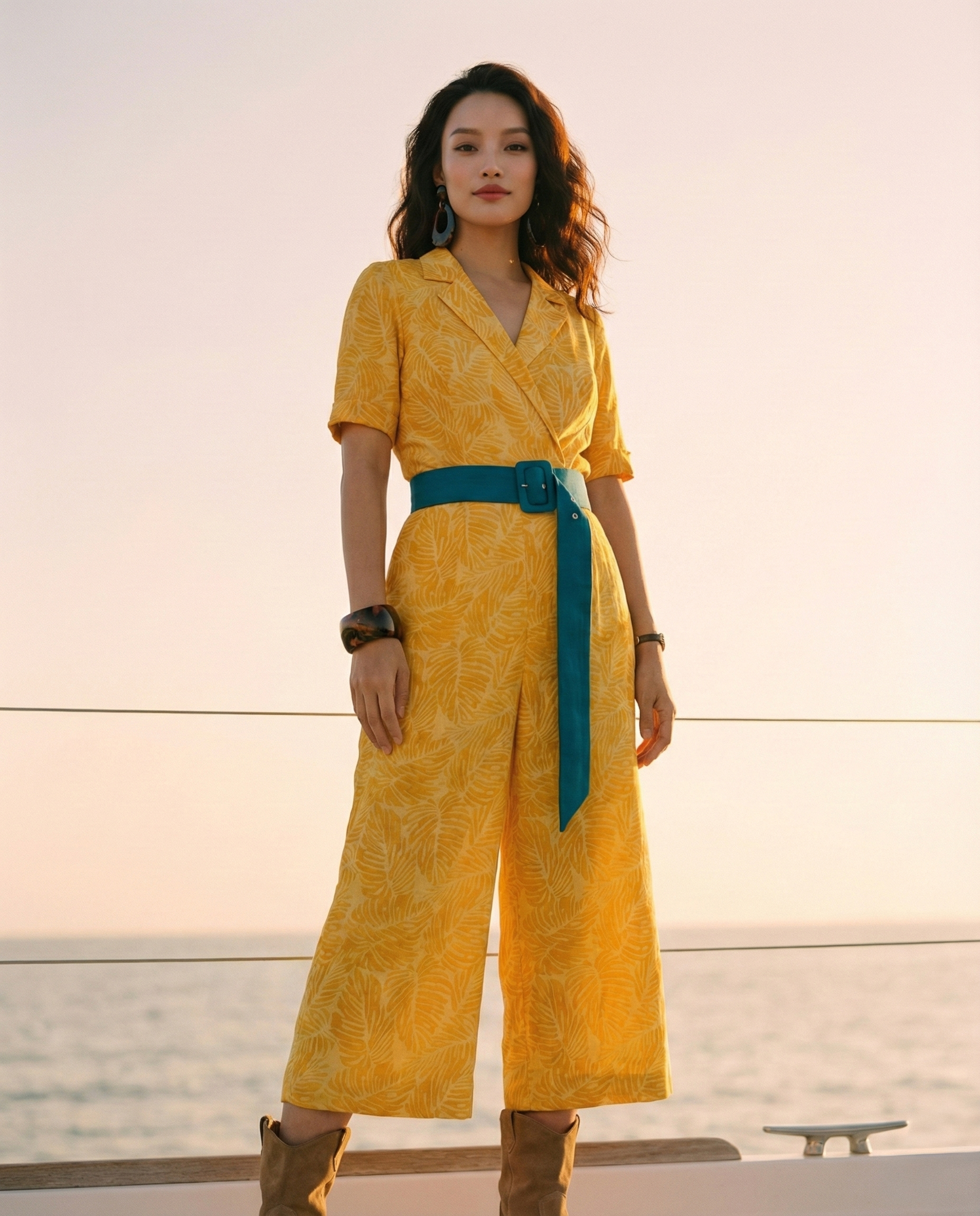 Floral Linen Jumpsuit for Women — Golden Yellow Print - gallery