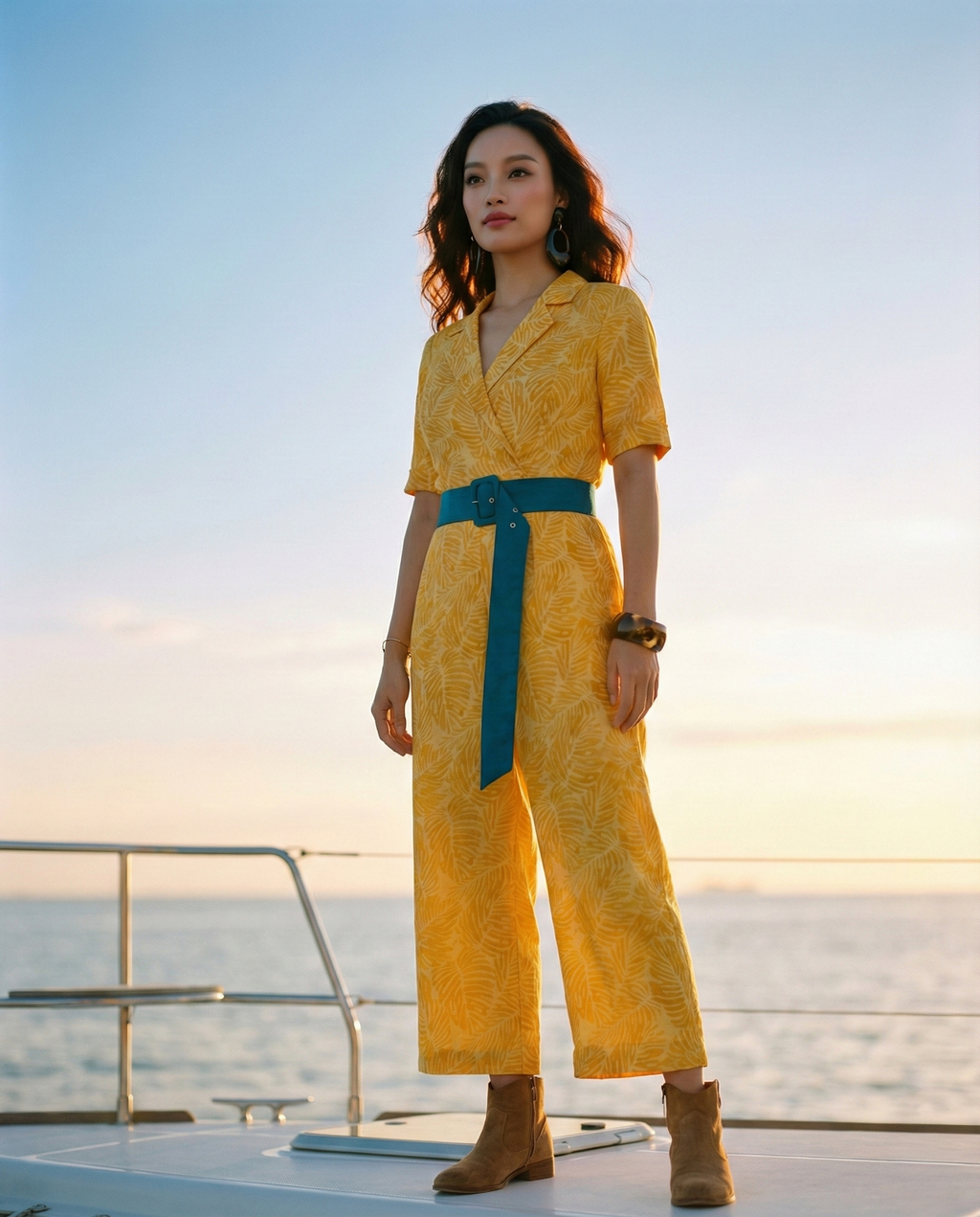 Floral Linen Jumpsuit for Women — Golden Yellow Print - gallery