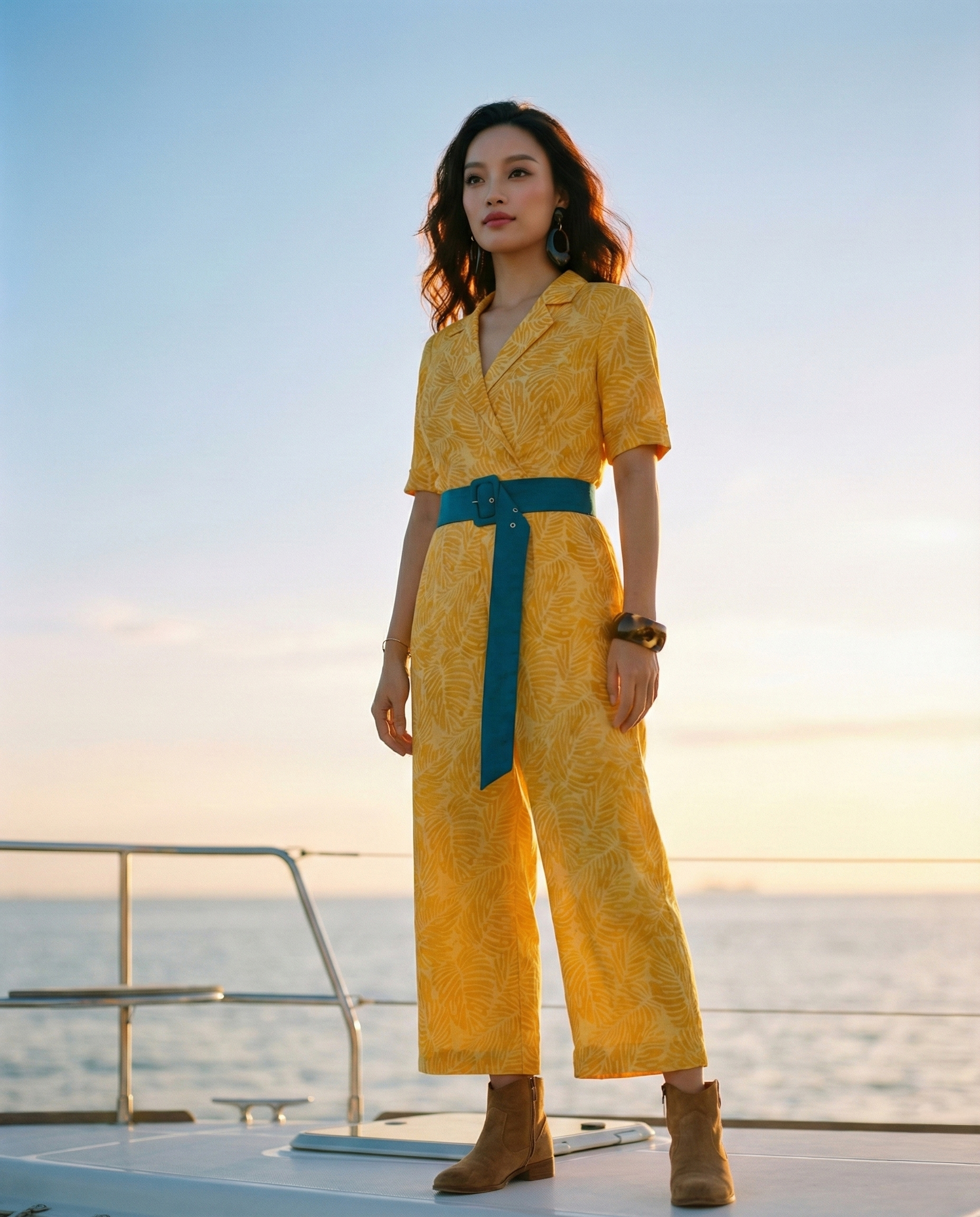 Floral Linen Jumpsuit for Women — Golden Yellow Print - gallery