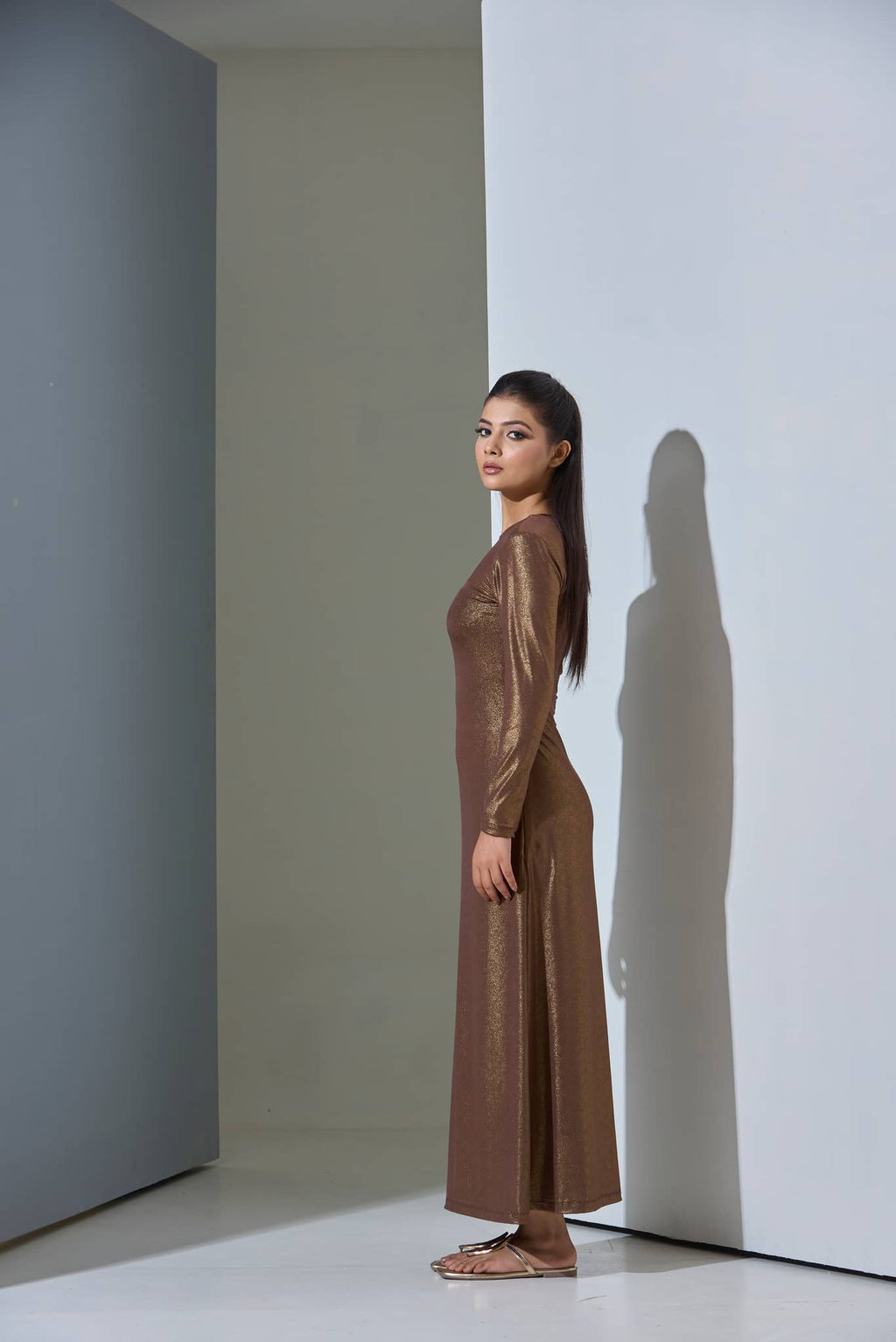 Bronze Metallic Long Sleeve Maxi Dress for Women - gallery