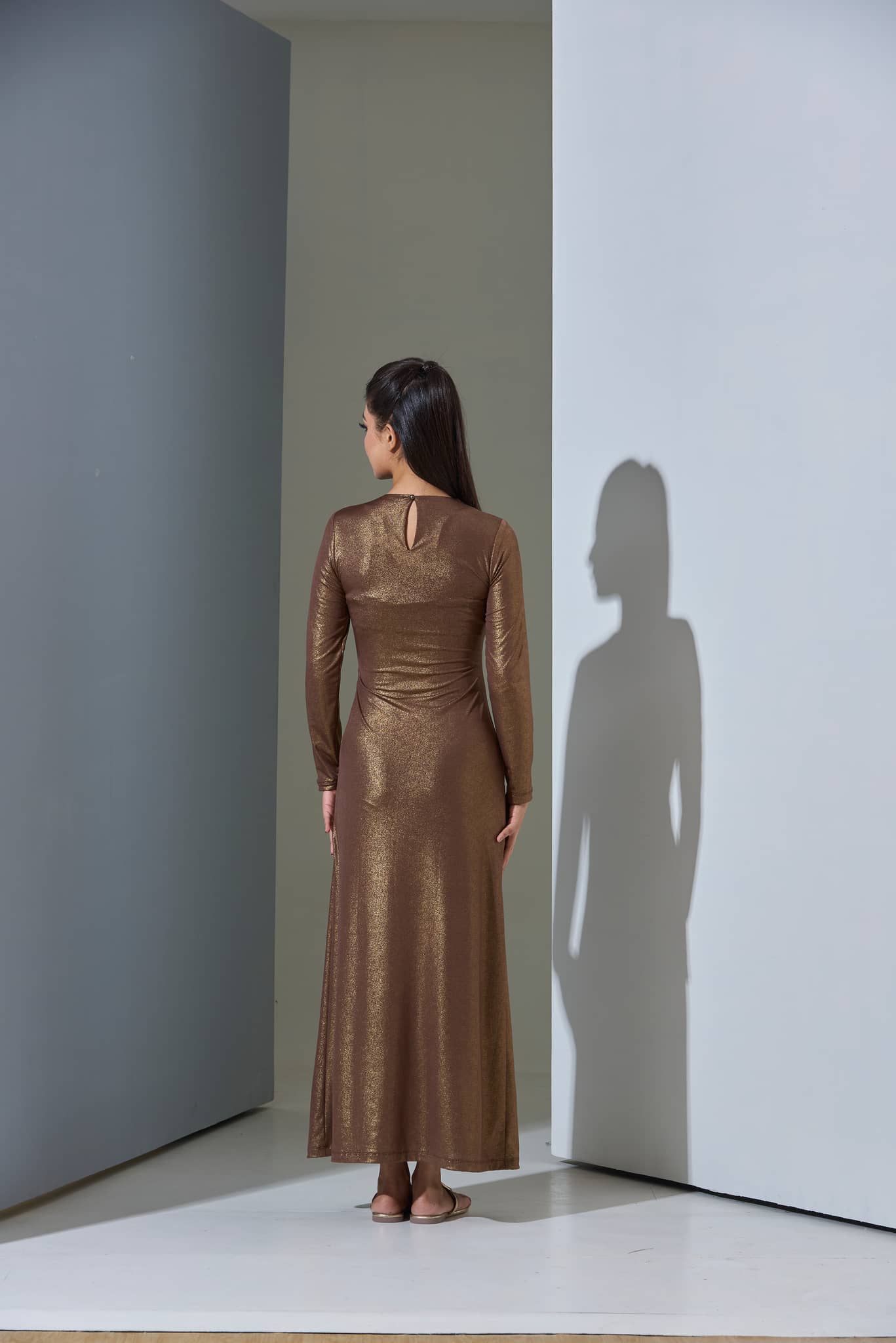 Bronze Metallic Long Sleeve Maxi Dress for Women - gallery