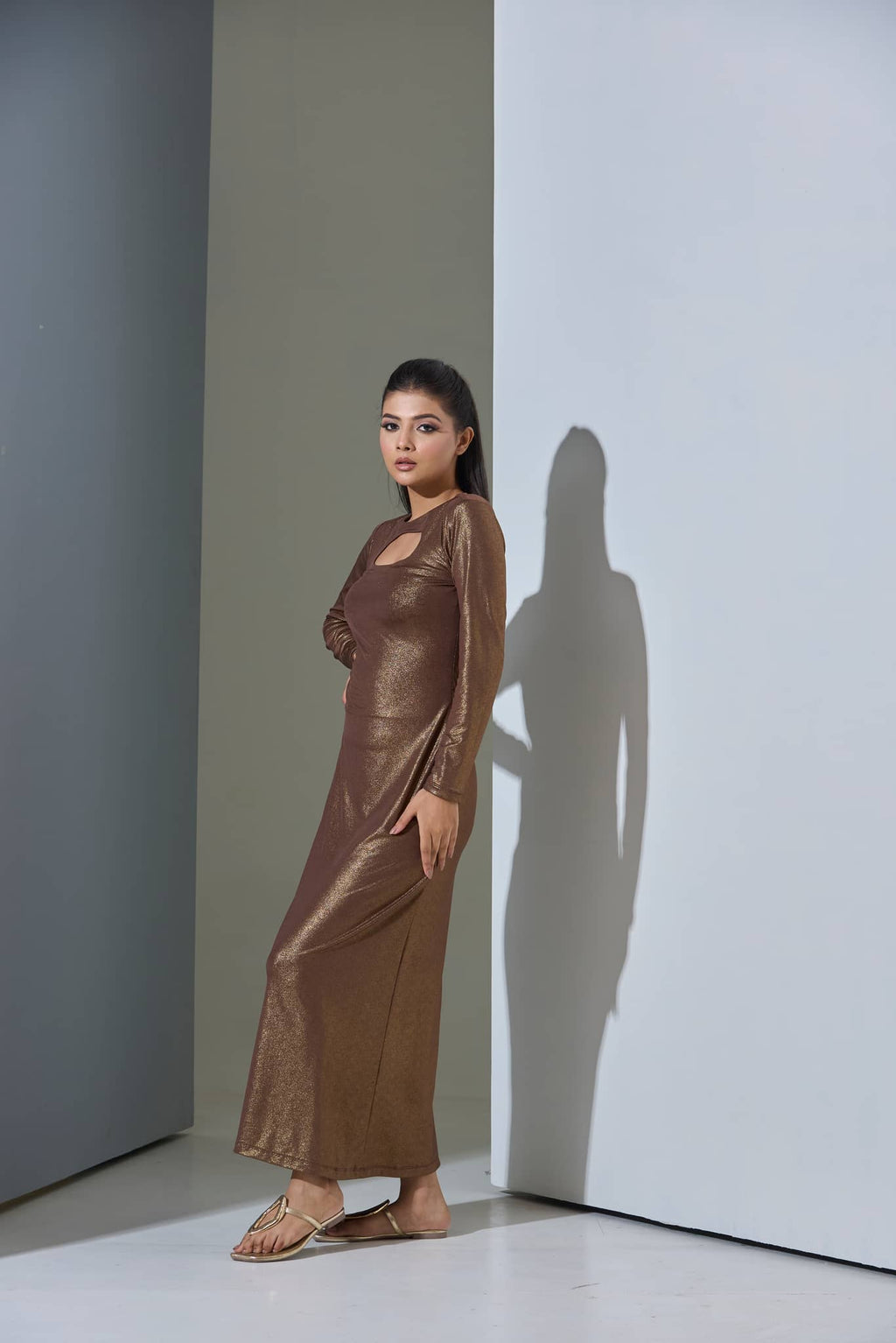 Bronze Metallic Long Sleeve Maxi Dress for Women - gallery