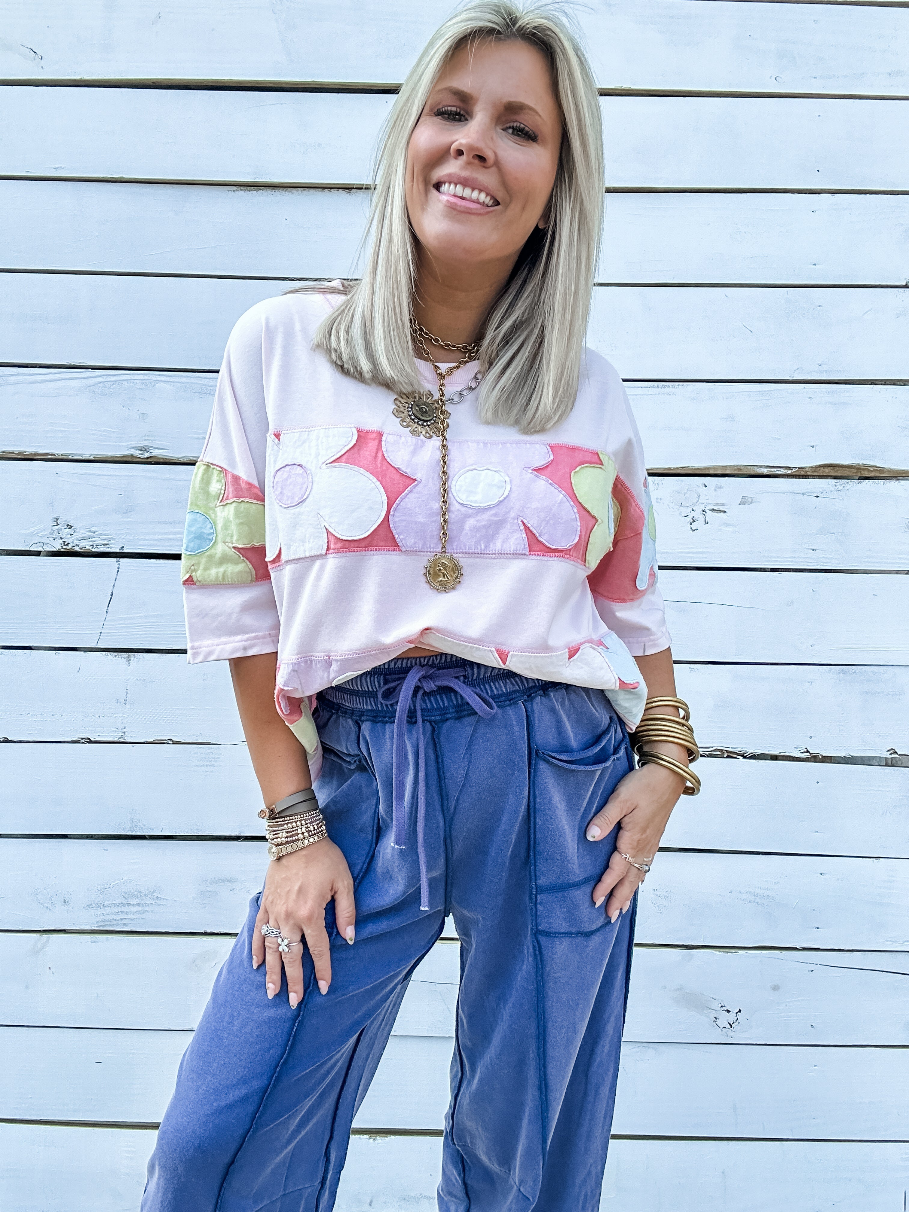 Pastel Floral Patchwork Top for Women — Retro Cotton Blend - gallery