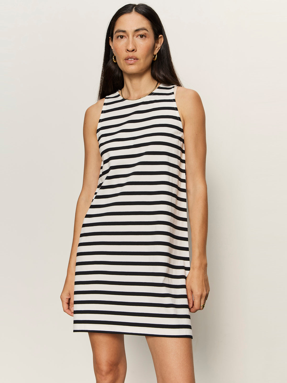 Striped Knit Mini Dress for Women — Crew Neck Pull-On Shift - Chalk and Black Stripe