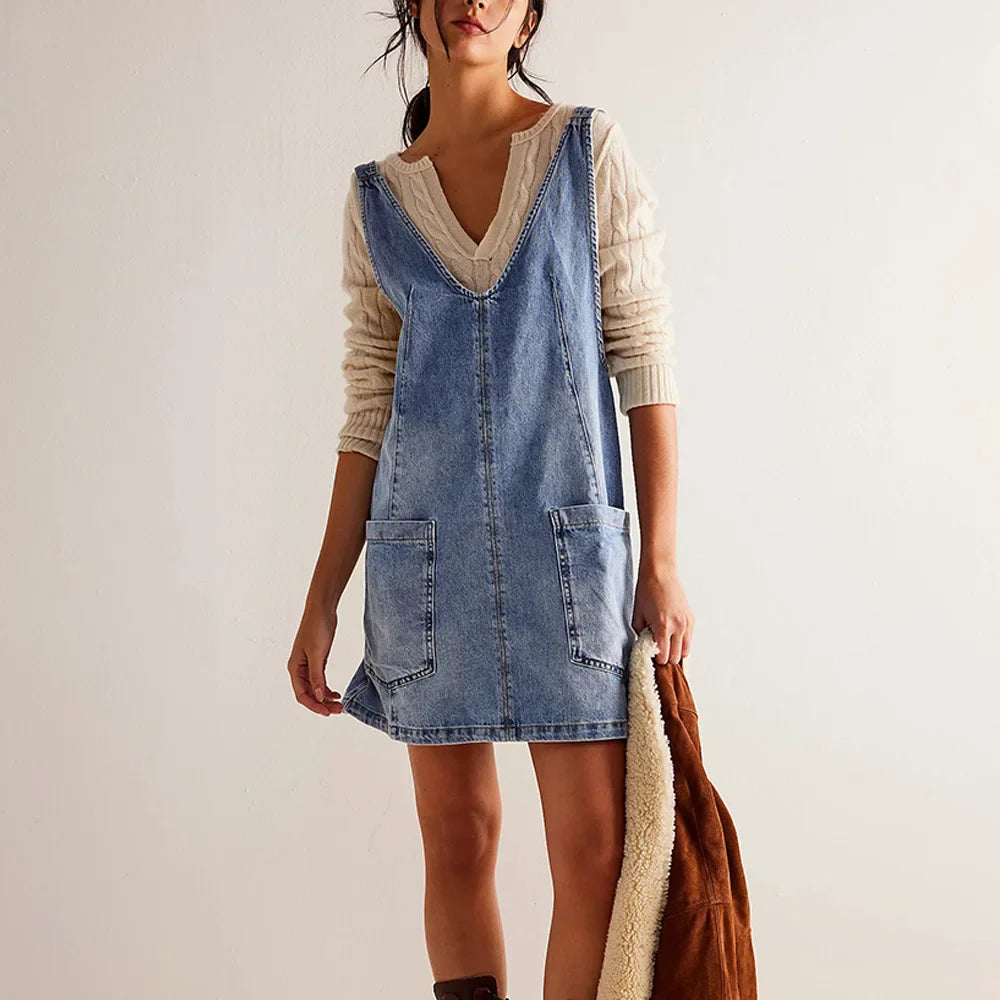 Denim Overall Short Dress for Women — Dungaree Style