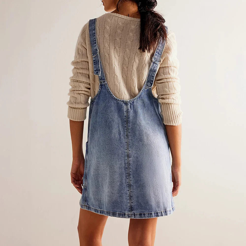 Denim Overall Short Dress for Women — Dungaree Style - color_variant