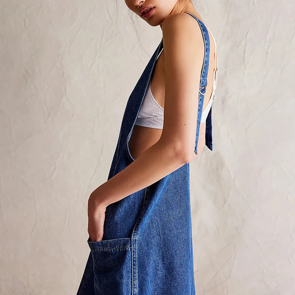 Denim Overall Short Dress for Women — Dungaree Style - color_variant