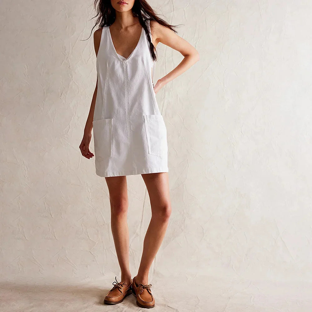 Denim Overall Short Dress for Women — Dungaree Style - color_variant