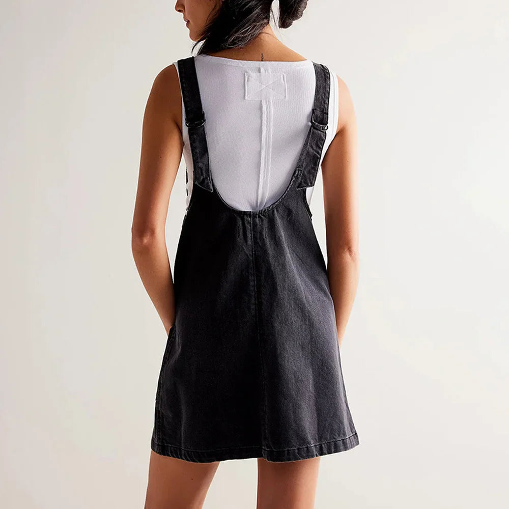 Denim Overall Short Dress for Women — Dungaree Style - color_variant