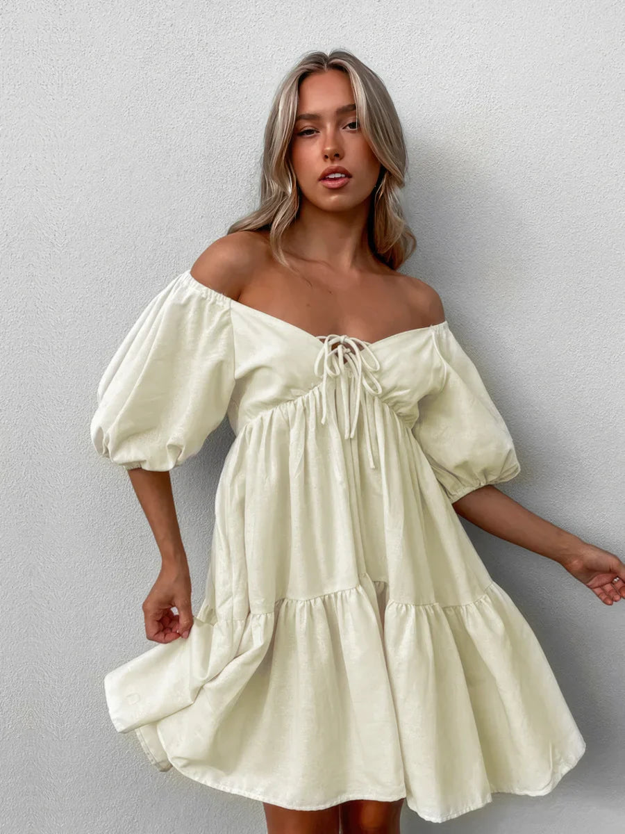 Khaki Linen Lace-Up V-Neck Dress for Women — Short Sleeve - gallery