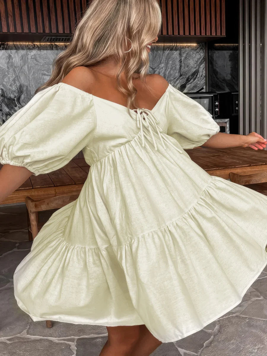 Khaki Linen Lace-Up V-Neck Dress for Women — Short Sleeve - gallery