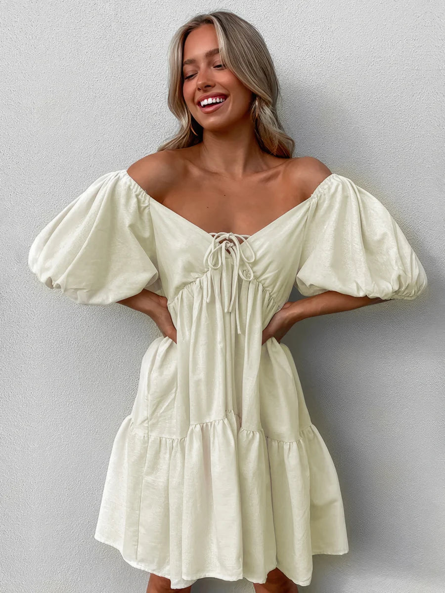 Khaki Linen Lace-Up V-Neck Dress for Women — Short Sleeve