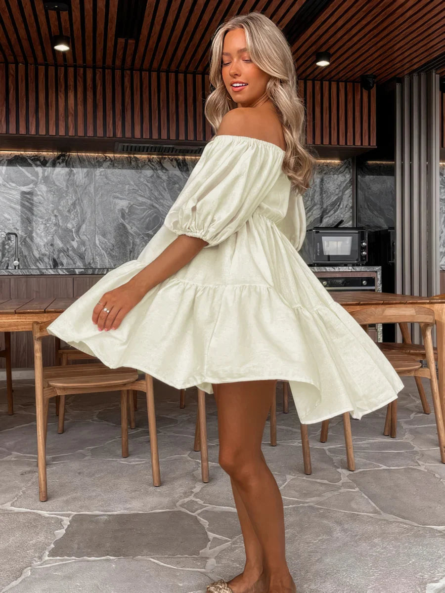 Khaki Linen Lace-Up V-Neck Dress for Women — Short Sleeve - gallery