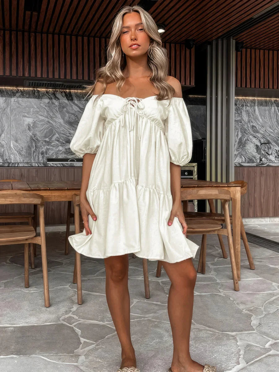 Khaki Linen Lace-Up V-Neck Dress for Women — Short Sleeve - gallery
