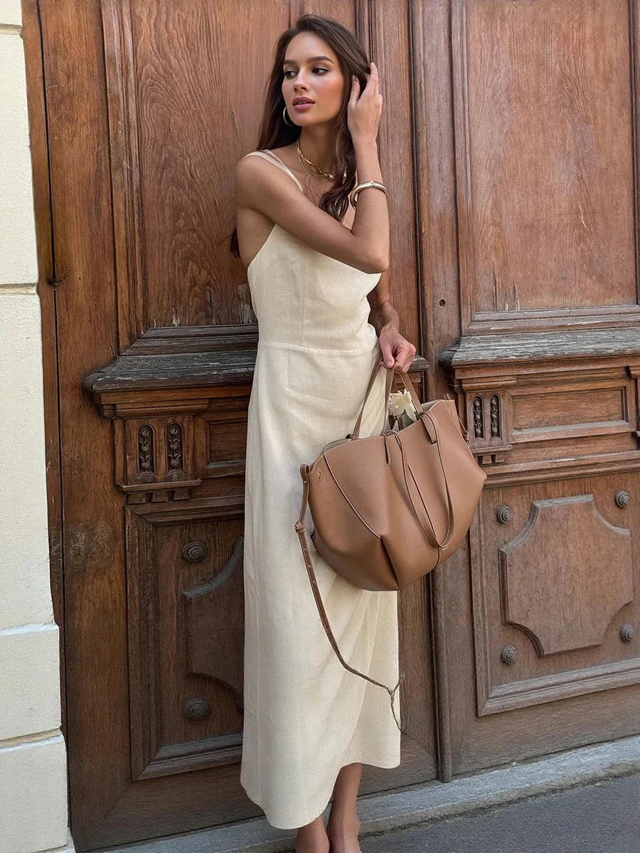 Cotton Linen Square-Neck A-Line Suspender Dress for Women - gallery